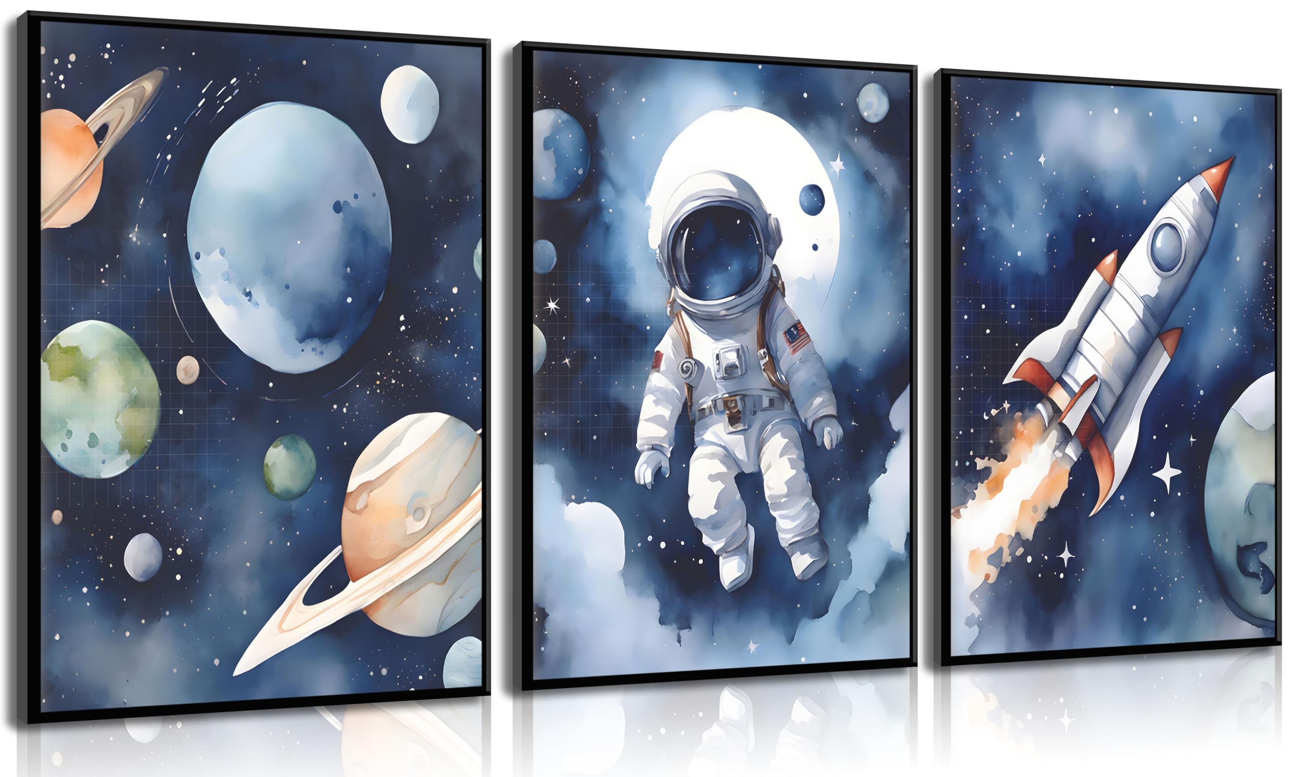 3Pcs Nursery Astronaut Wall Art Kids Space Planets Theme Canvas Painting Rocket Spaceman Wall Decor Explore Dream Galaxy Poster Prints Funny Outer