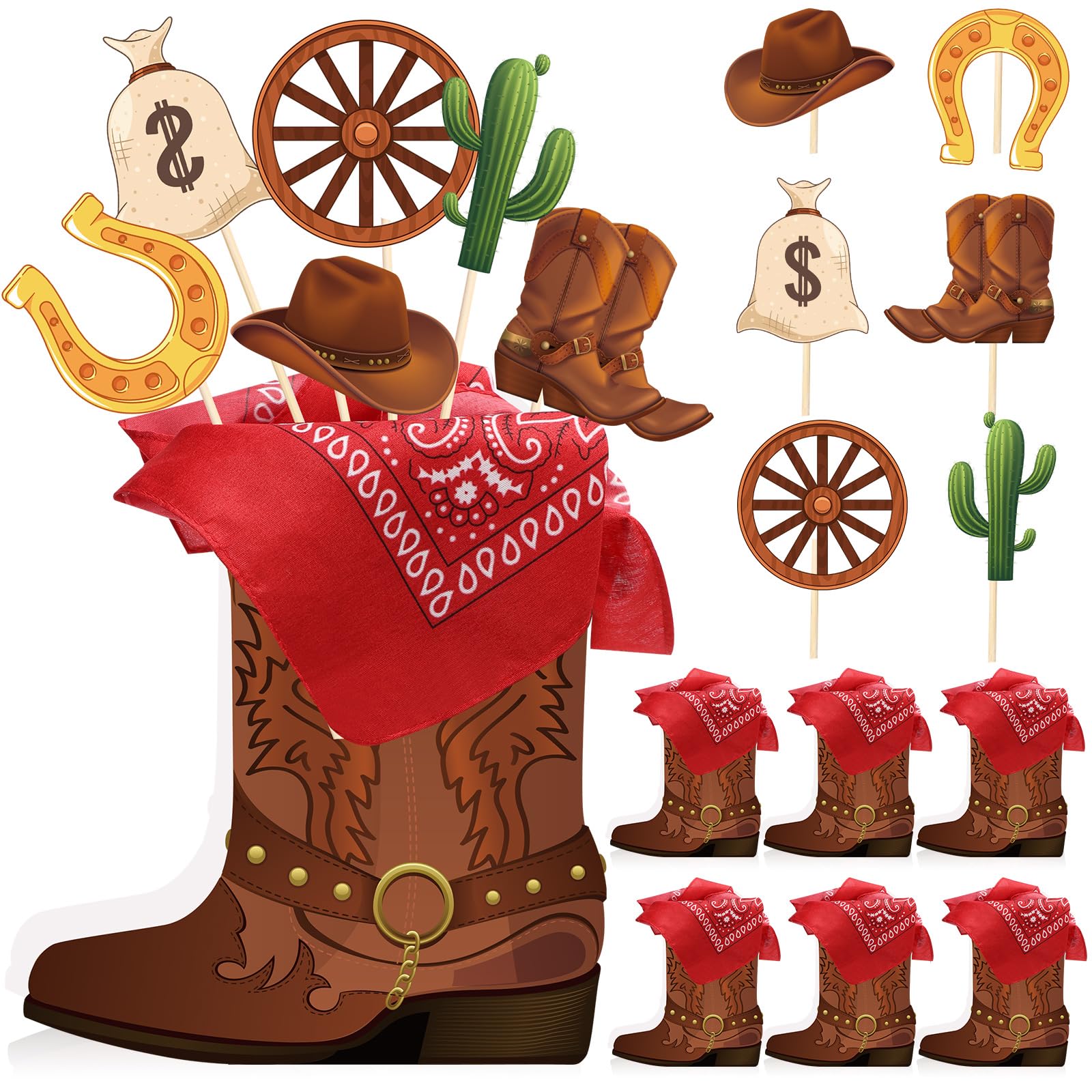 Weekgrat 8 Sets 129 Pcs Cowboy Western Party Centerpieces - Brown Paper & Wooden Stick Cutouts with Cowboy Boots Shaped Boxes for Western Party Decor