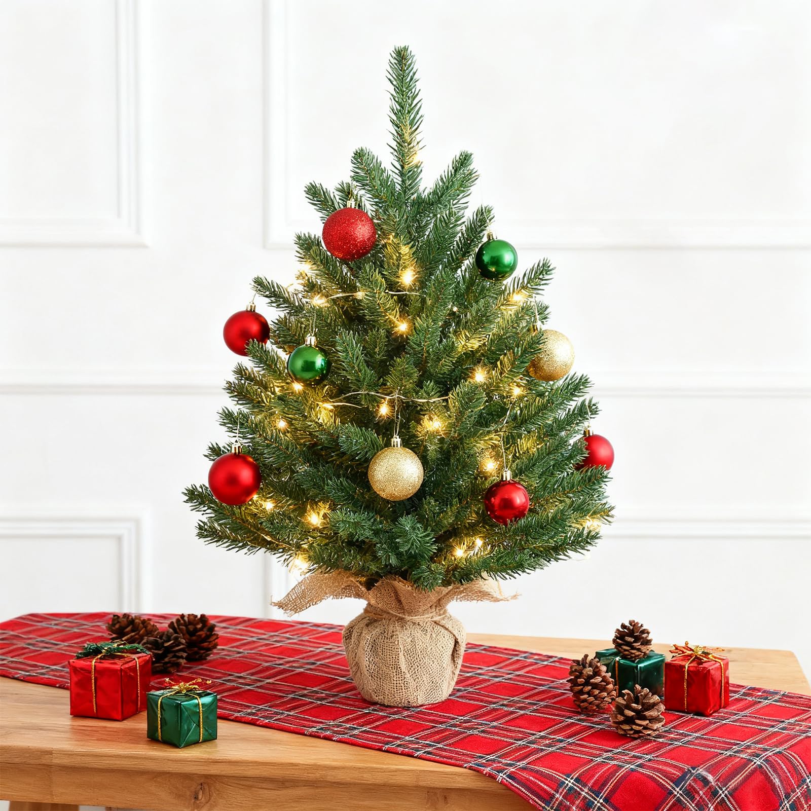 ELYKEN Mini sapin de Noël artificiel de 55,9 cm avec lumières LED, petite table, décorations de fête de Noël pour bureau, décoration d'intérieur