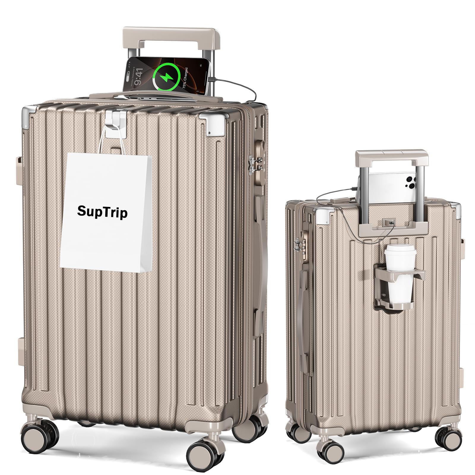 [SupTrip] スーツケース 機内持ち込み 多機能 キャリーケース 大型 超軽量 キャリーバッグ 耐衝撃 USBポート付き カップホルダー付き 充電機能 荷物フック 隠しフック機能 静音 ダブルキャスター 360度回転 修学 泊まる 旅行 出張 (シャンパンゴールド, L (62L/1週間程度))