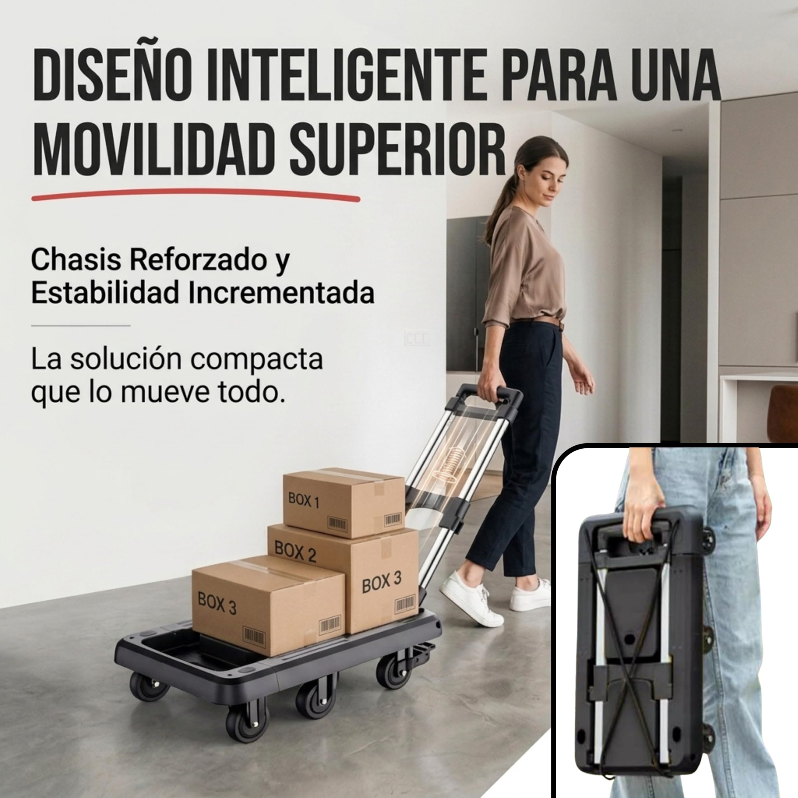 Carretilla Plegable hasta 100kg con 6 Ruedas de Goma con Freno, Carro de Transporte Plegable Extensible 60x30 cm, Mango Telescópico Ajustable, Plataforma Compacta para Mudanzas, Compras o Trabajo