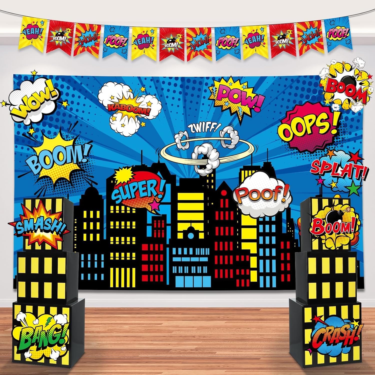 17Pcs Super Theme Hero Party Photography Backdrop for Hero Birthday Decorations with Hero Background Skyscraper City Boxes Hero Cutouts Super Banner for Super Theme Hero Birthday Party Supplies