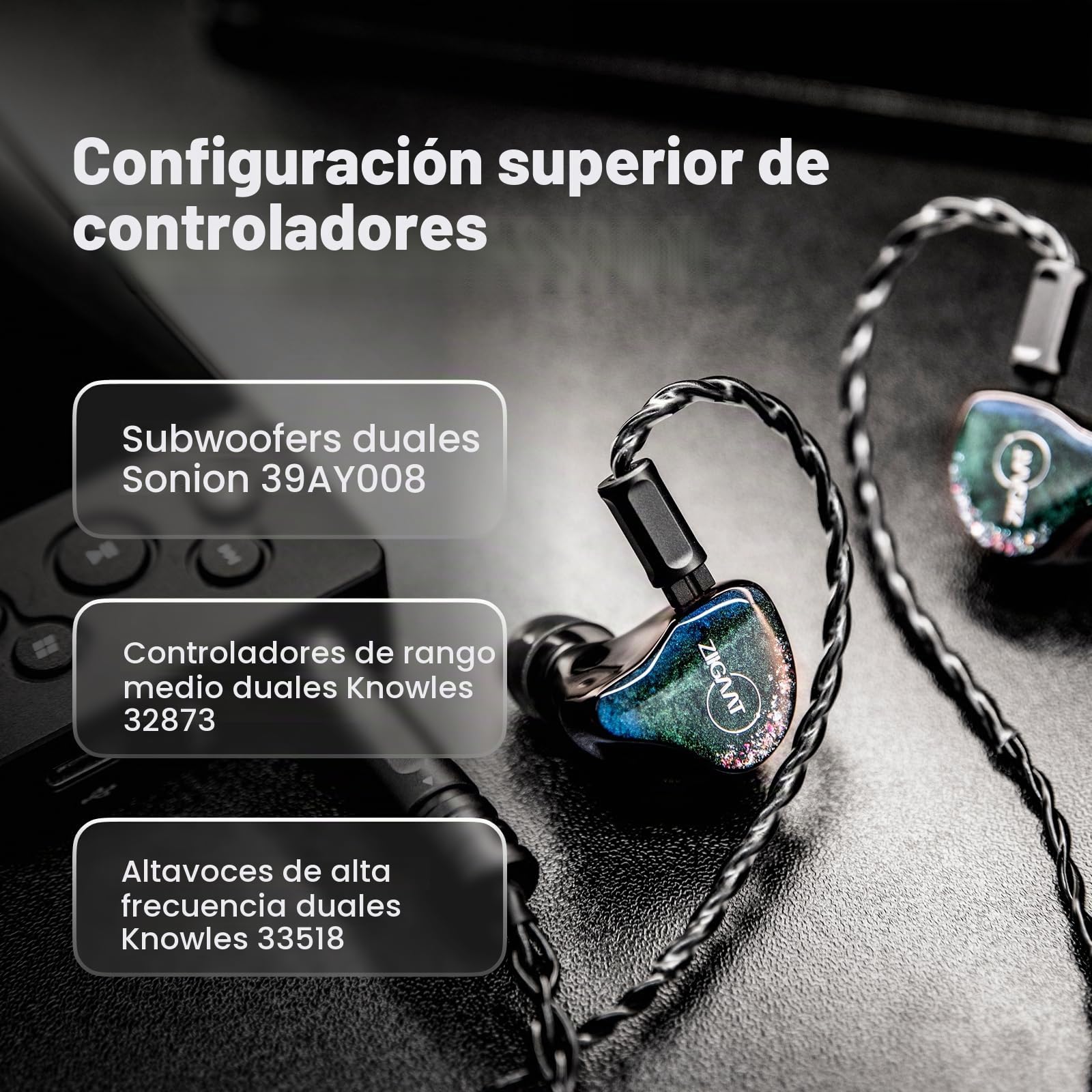 Linsoul ZiiGaat Luna 6BA HiFi In Ear Monitor,Auriculares IEM para Monitor de Estudio con Respuesta Rápida,Amplio Campo de Sonido y Claridad de Referencia,Cable OFC Plata-Plateado Desmontable
