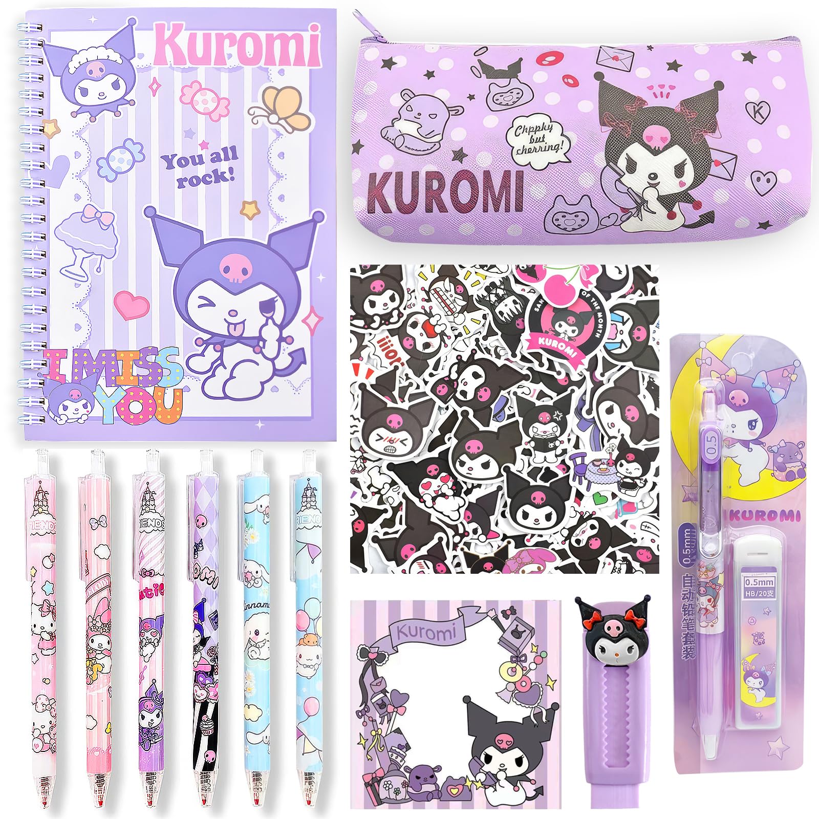 Winric Ku-ro-mi Notepad Set 7PC Cute Stationary Set A5 Notepad Pencil Case Sticky Notes 6 Pens 50 Stickers Mechanical Pencil Eraser School Supplies Stationery Set for Girls Boys Back to School Gift