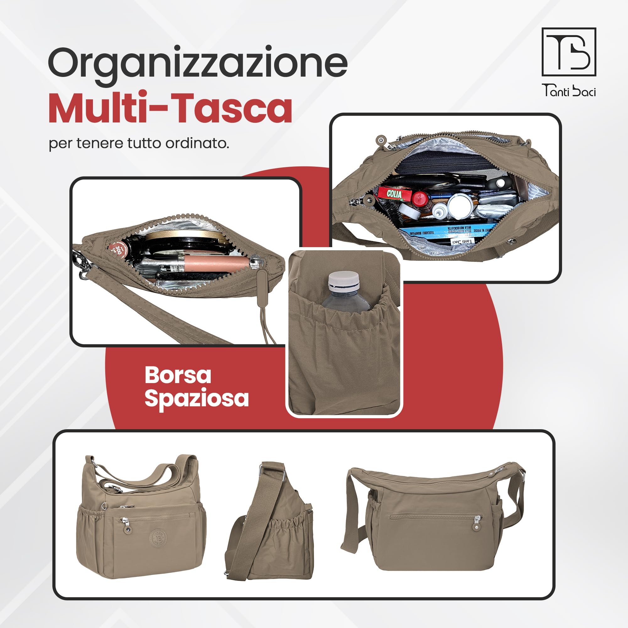 Tanti Baci Borsa a Tracolla Donna Impermeabile, Borsa a Spalla Grande, Multitasche con Tracolla Regolabile e Gancio Portachiavi Interno, Crossbody Leggera per Lavoro, Viaggio e Shopping