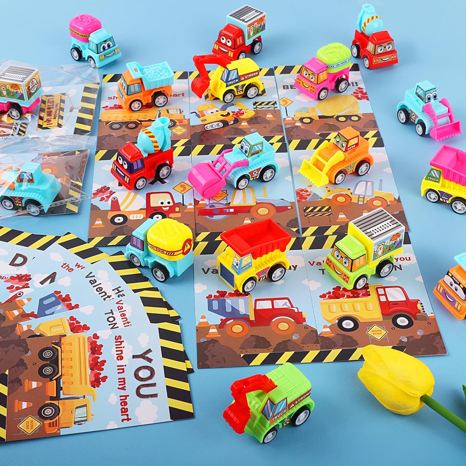 Valentines Day Gifts for Kids, 32 Pack Trucks Valentines Day Cards for Kids with Construction Vehicles Toys, Pull Back Cars Sets Valentines Day Exchange Cards for Boys Classroom School Party Favors image 4