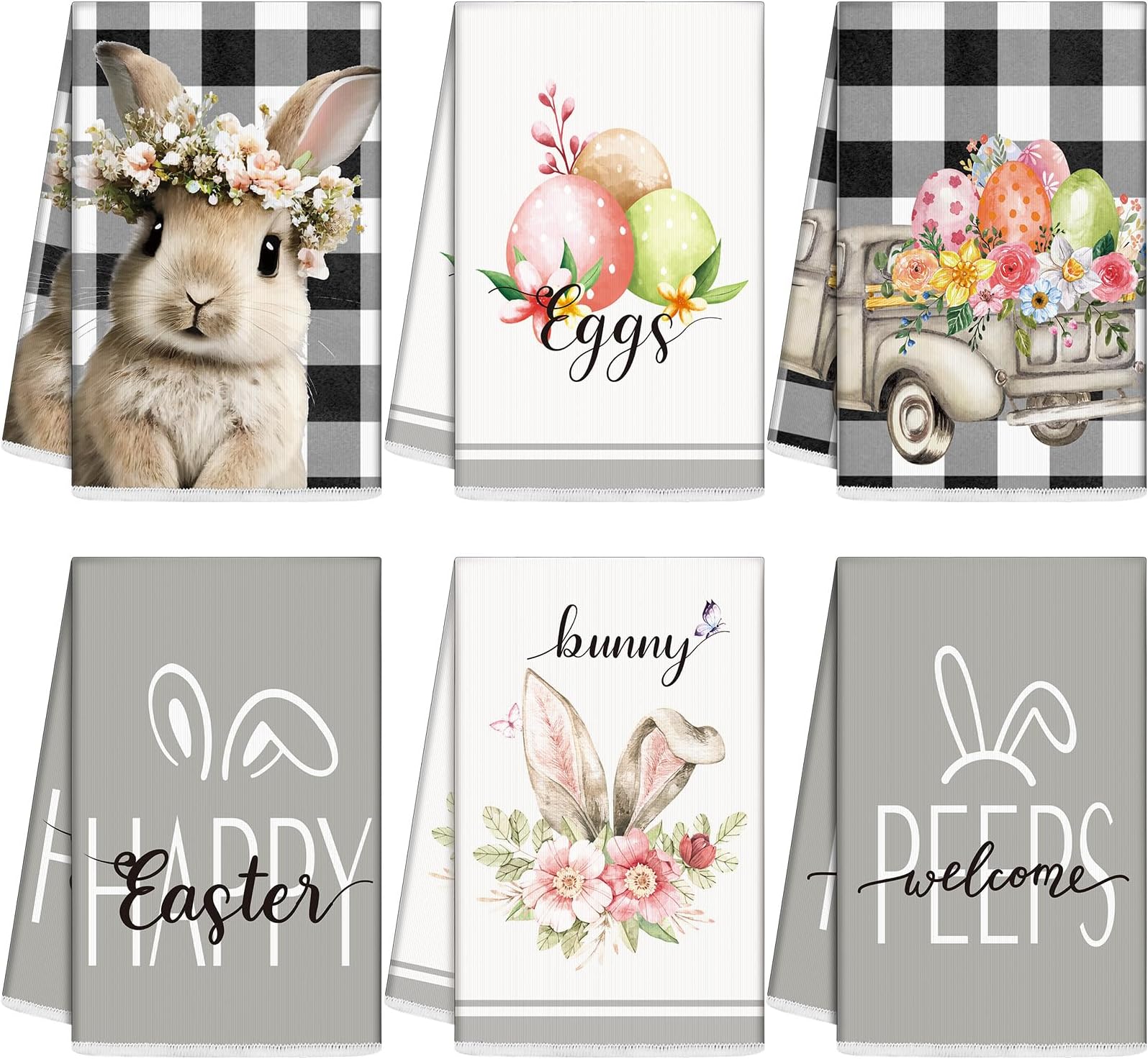 Oudain6 Pcs Highland Cattle Farmhouse Kitchen Towels Highland Cow Farmhouse Hand Towels 24" x 16" Absorbent Sunflower Floral Dish Tea Towels Coths for Bathroom Home Gift Decor(Bunny Egg)