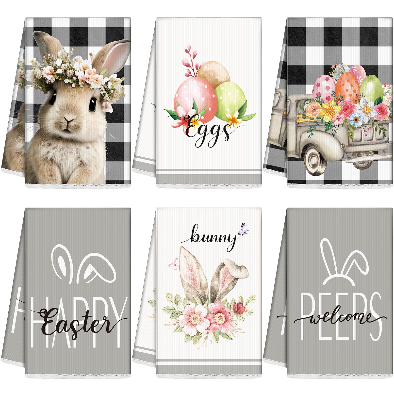 Oudain6 Pcs Highland Cattle Farmhouse Kitchen Towels Highland Cow Farmhouse Hand Towels 24" x 16" Absorbent Sunflower Floral Dish Tea Towels Coths for Bathroom Home Gift Decor(Bunny Egg)