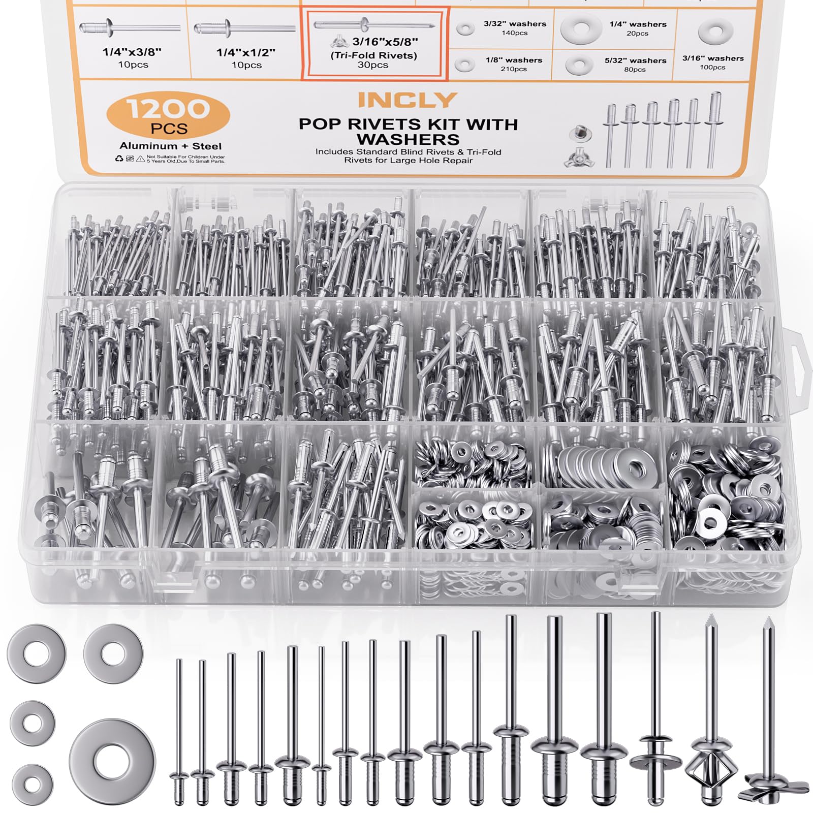 INCLY 1200PCS Pop Rivets &amp; Trifold Rivets Assortment Kit with Washers