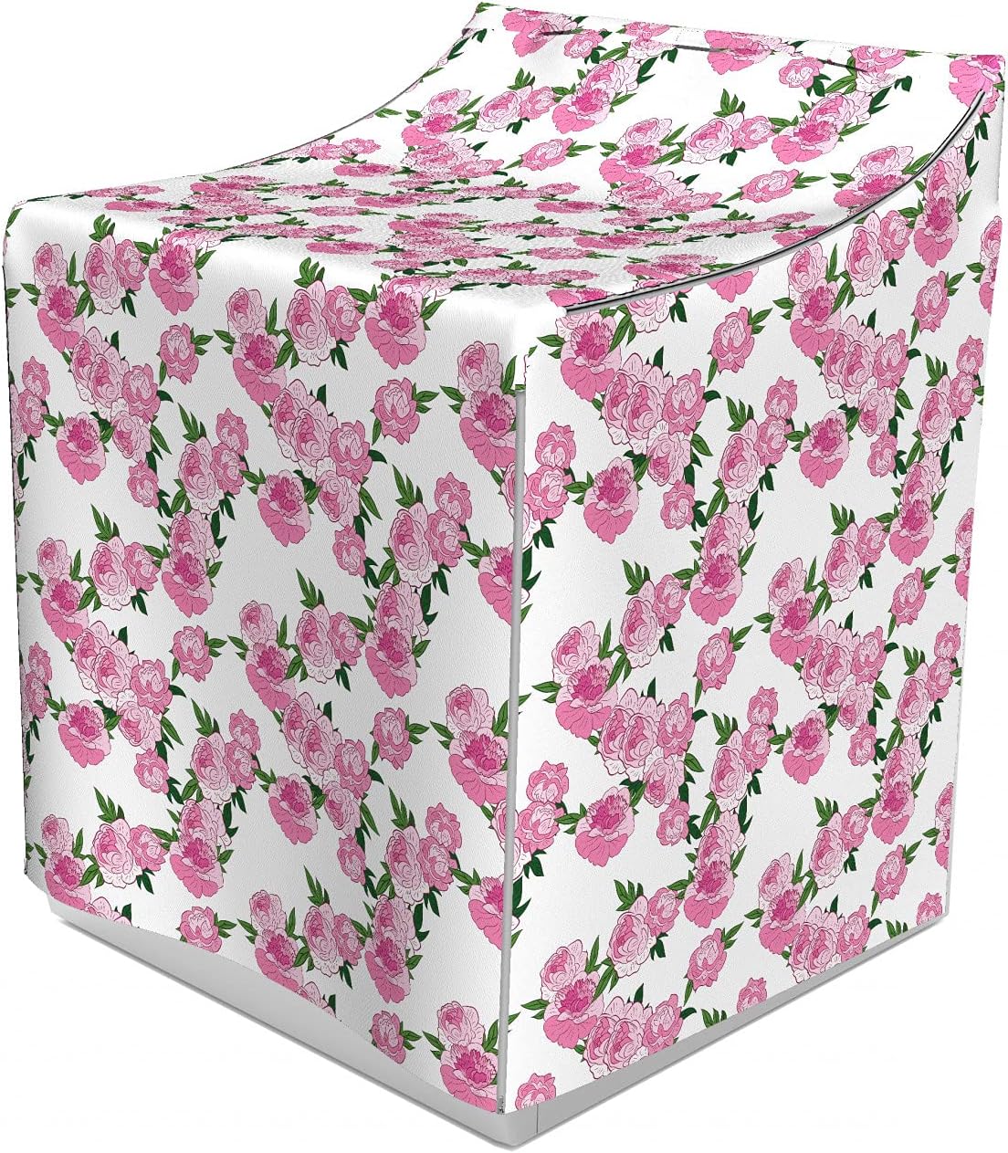 Ambesonne Peony Cover for Washer and Dryer, Blooming Romantic Garden Flowers and Leaves in Cartoon Like Design Print, Easy Use Bathroom Laundry Decor Accent, 29" x 28" x 40", White Pink and Green