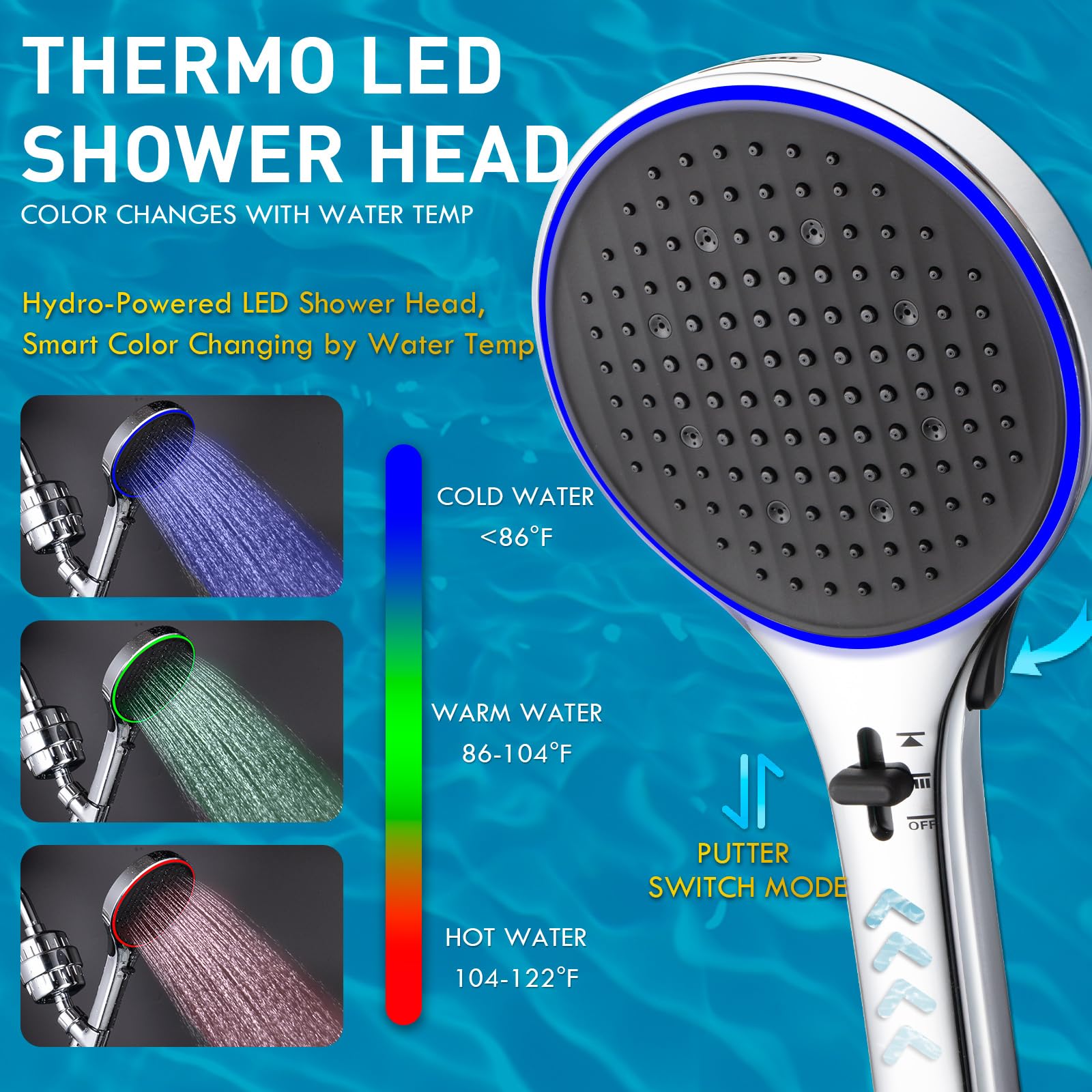 CWPW Soffione doccia con filtro a LED, ad alta pressione, 4 getti con filtro a 20 stadi di vitamina C/E/A, rimuove il cloro, riduce la pelle secca e pruriginosa, cambia colore