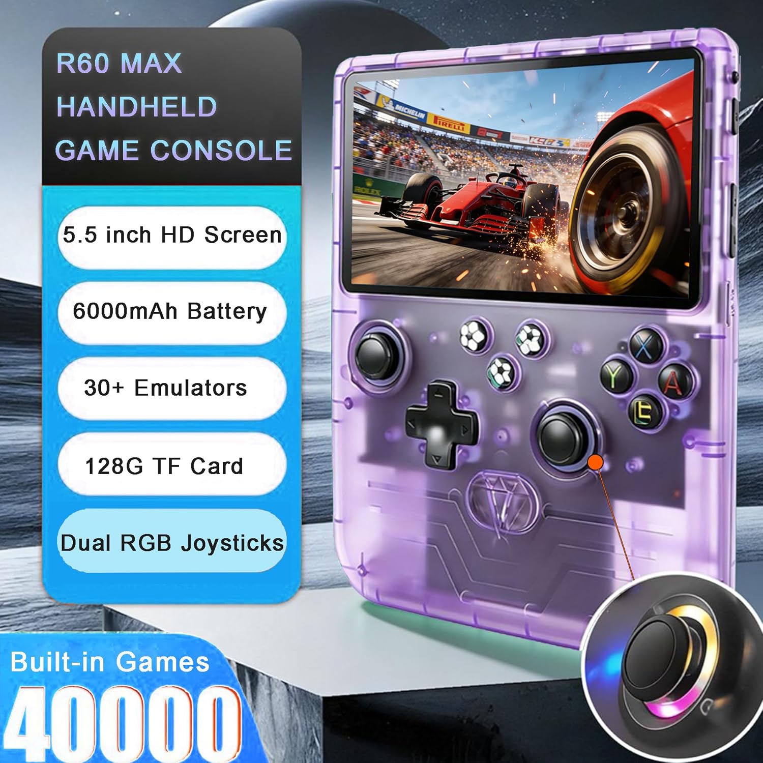 RegiisJoy R60MAX Handheld Game Console, 5.5 Inch IPS Screen Retro Gaming Consoles, 40000 in 1 Portable Mini Pocket Arcade, 6000mAh Battery,128G TF Card,RGB Joysticks