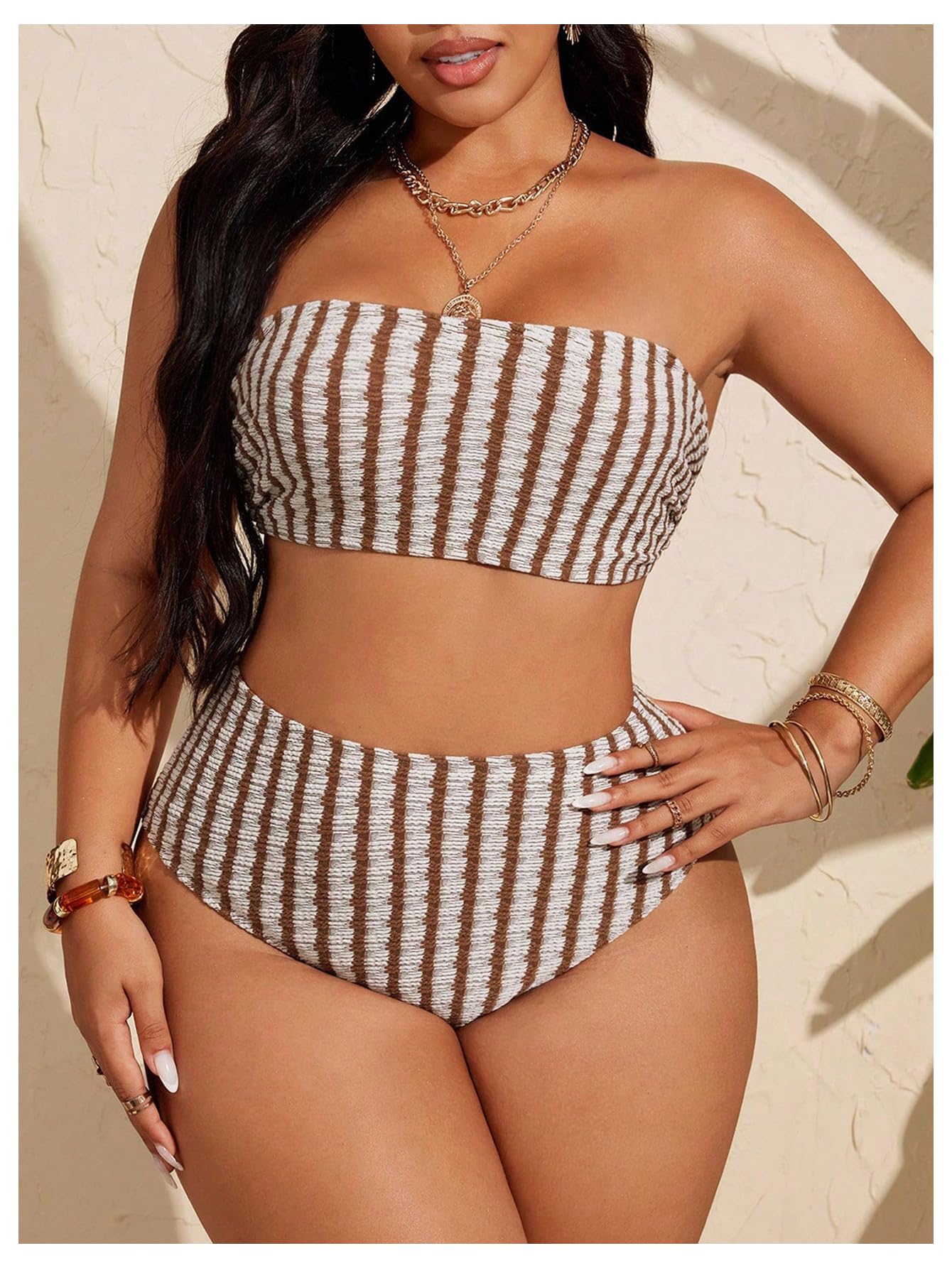 Women's Plus Size 2 Piece High Waist Bikini Set Striped Bandeau Top Tummy Control Bathing Suits Swimwear(Brown,Large Plus)