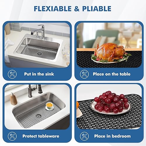 Miniatura 214 de Paquete de 2 tapetes de silicona para fregadero de 13.58 x 11.6 pulgadas, protectores para fregadero de cocina con drenaje central, rejilla Gris