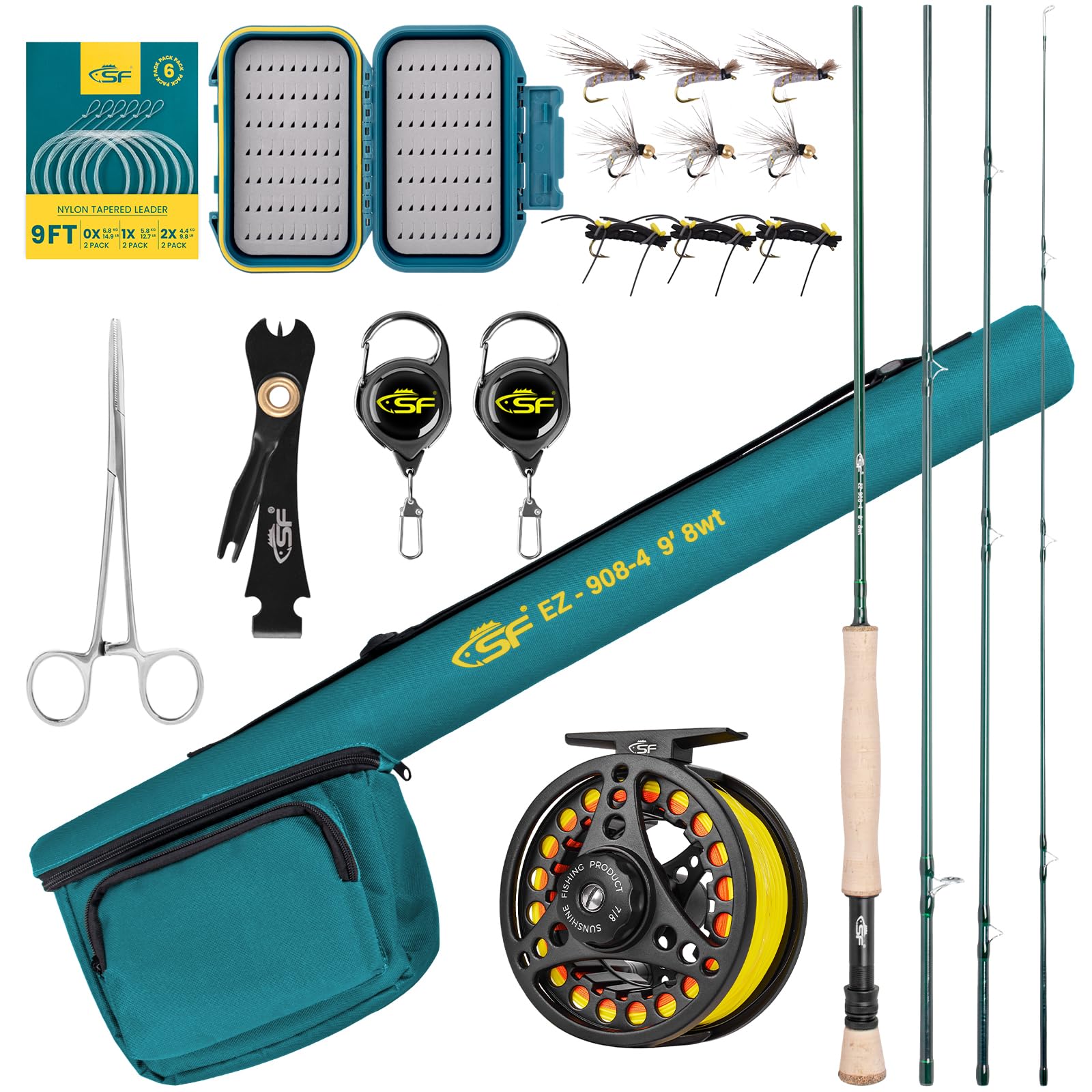 SF Fly Fishing Rod Combo Starter Kit Semi Gloss Green Jade Finish 24T Carbon Fiber Trout Travel Fly Rod with Reel,Fly Rod case,Fly Box , Flies,Tapered Leader,Knot Tying Tools