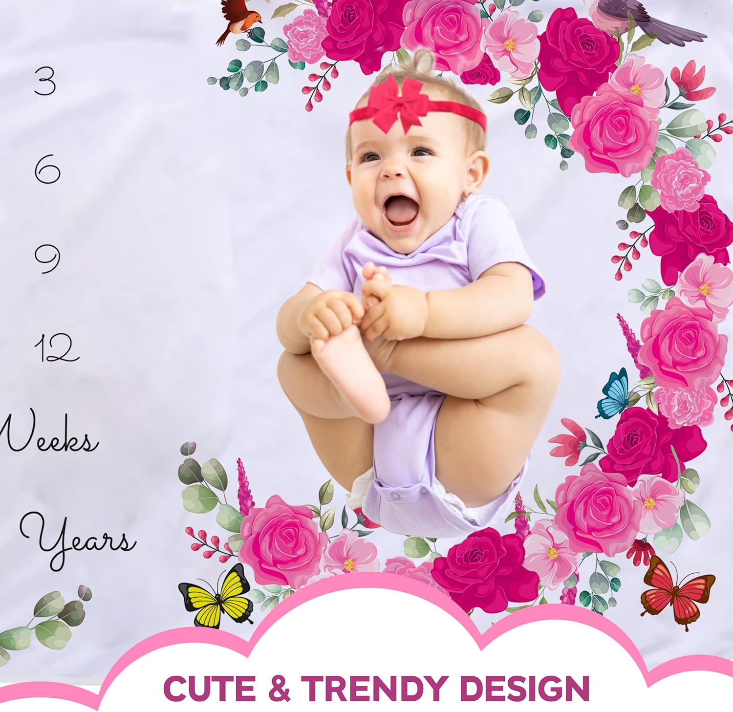 Baby Monthly Milestone Blanket for Girls 60 x 40 Inch Thick Fleece Baby Month Blanket with Floral Wreath & Headband, Nursery Decor Newborn Photography Prop Photo Blanket (Pink Floral)