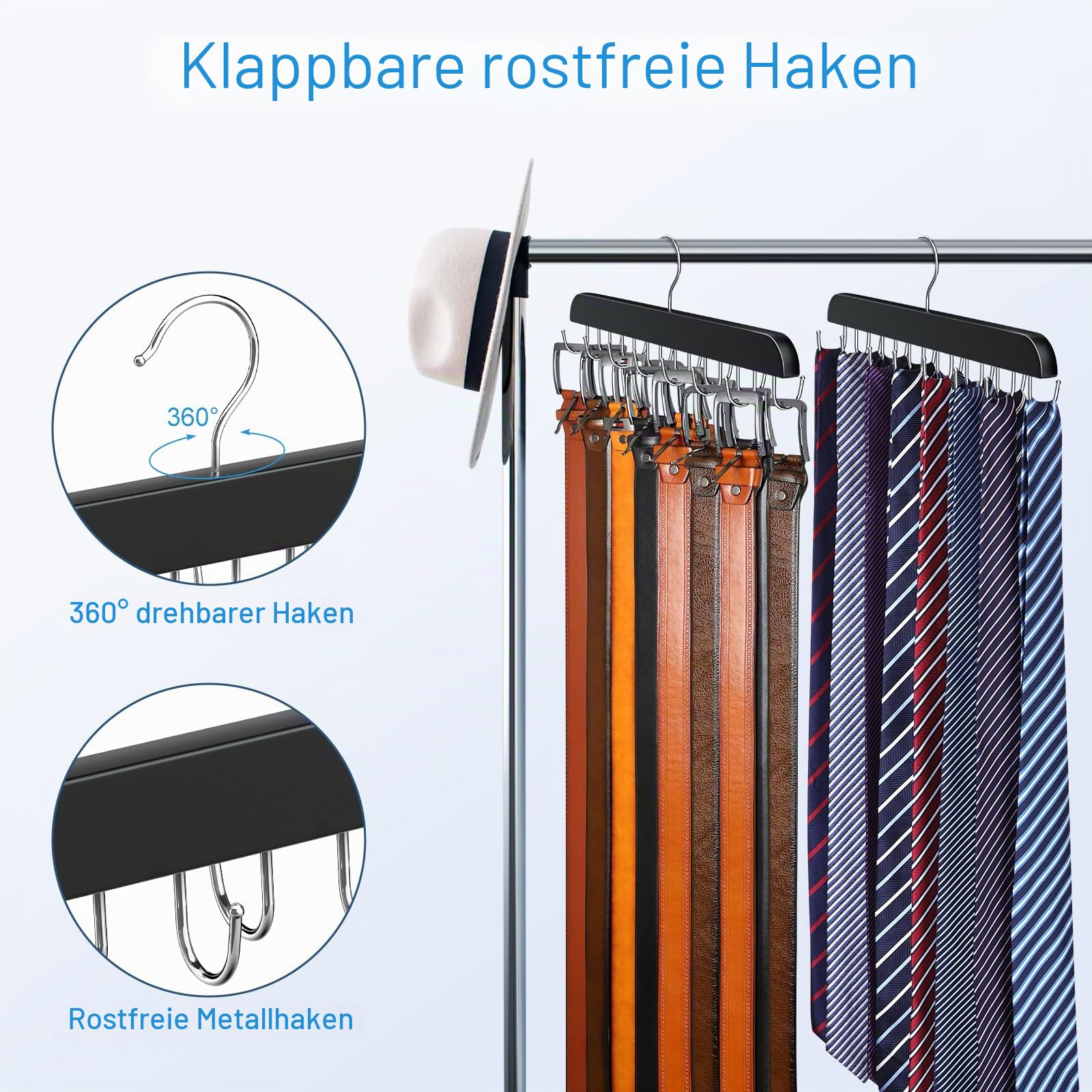 Resovo Gürtelaufhänger für Schrank, max. 42 Gürtel, Gürtel-Organizer, Schrankzubehör mit 14 Haken, Gürtelablage, stabiles Holz, für Schrank-Organizer und Aufbewahrung, 2 Stück, Schwarz