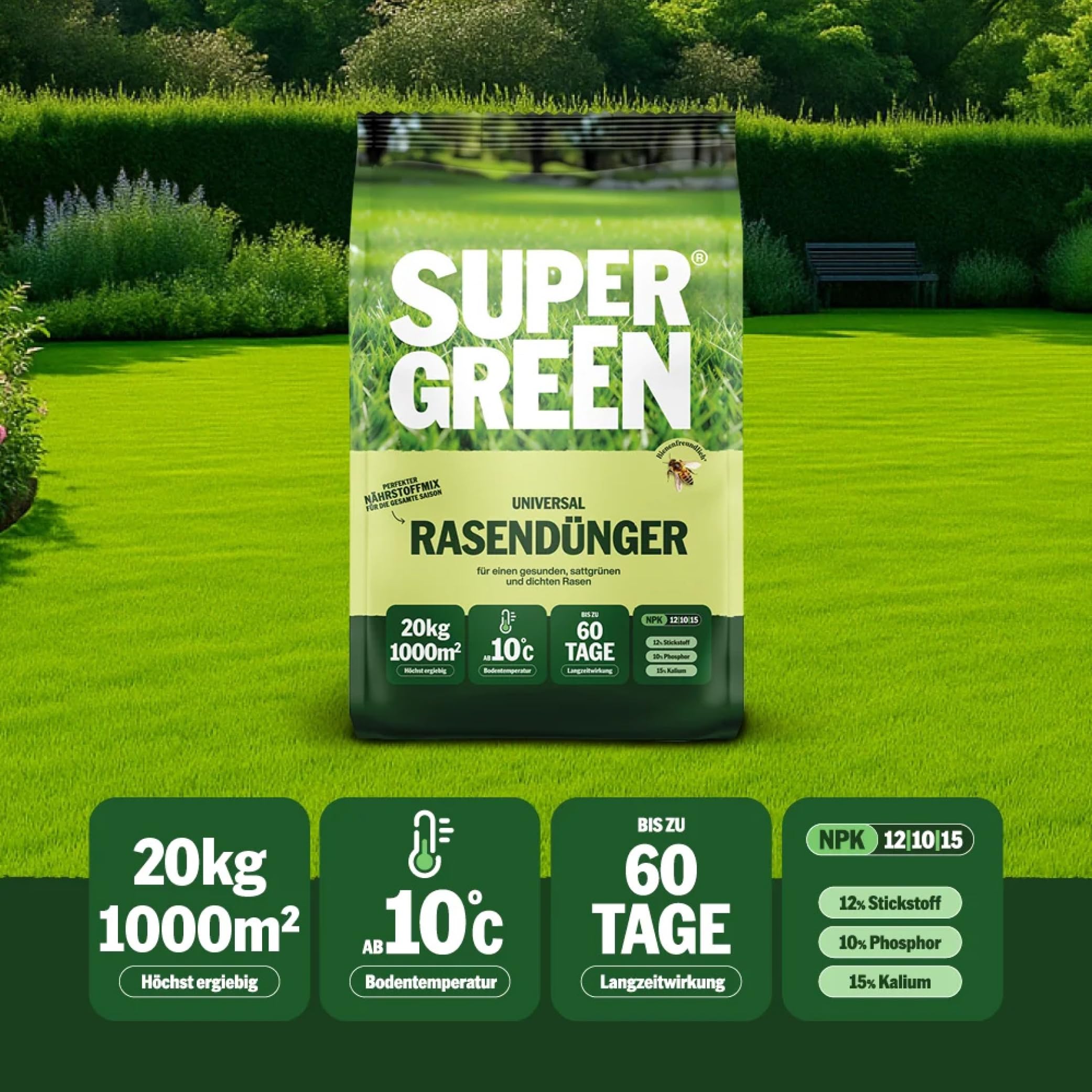 SUPERGREEN Universal-Rasendünger Langzeit bis 60 Tage | 20kg für 1000m² | NPK 12-10-15 für dichten, sattgrünen, gesunden Rasen | Nitratfrei & staubfreies Granulat (2-5 mm) | Ganzjahresdünger