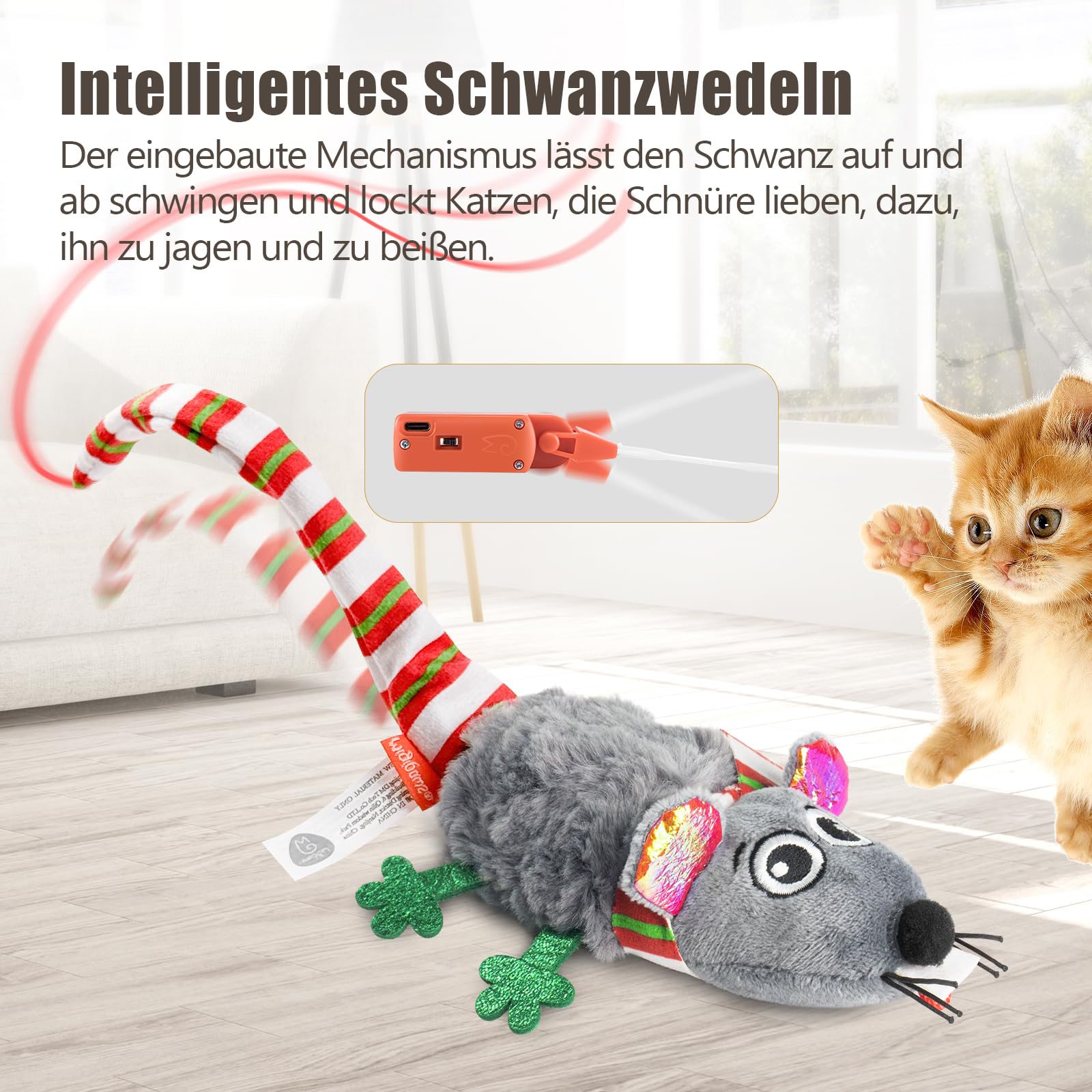 Migipaws Katzenspielzeug,elektrisch Maus-Spielzeug,berührungsaktiviertes Spielzeug mit wedelndem Schwanz und Katzenminze, wiederaufladbar