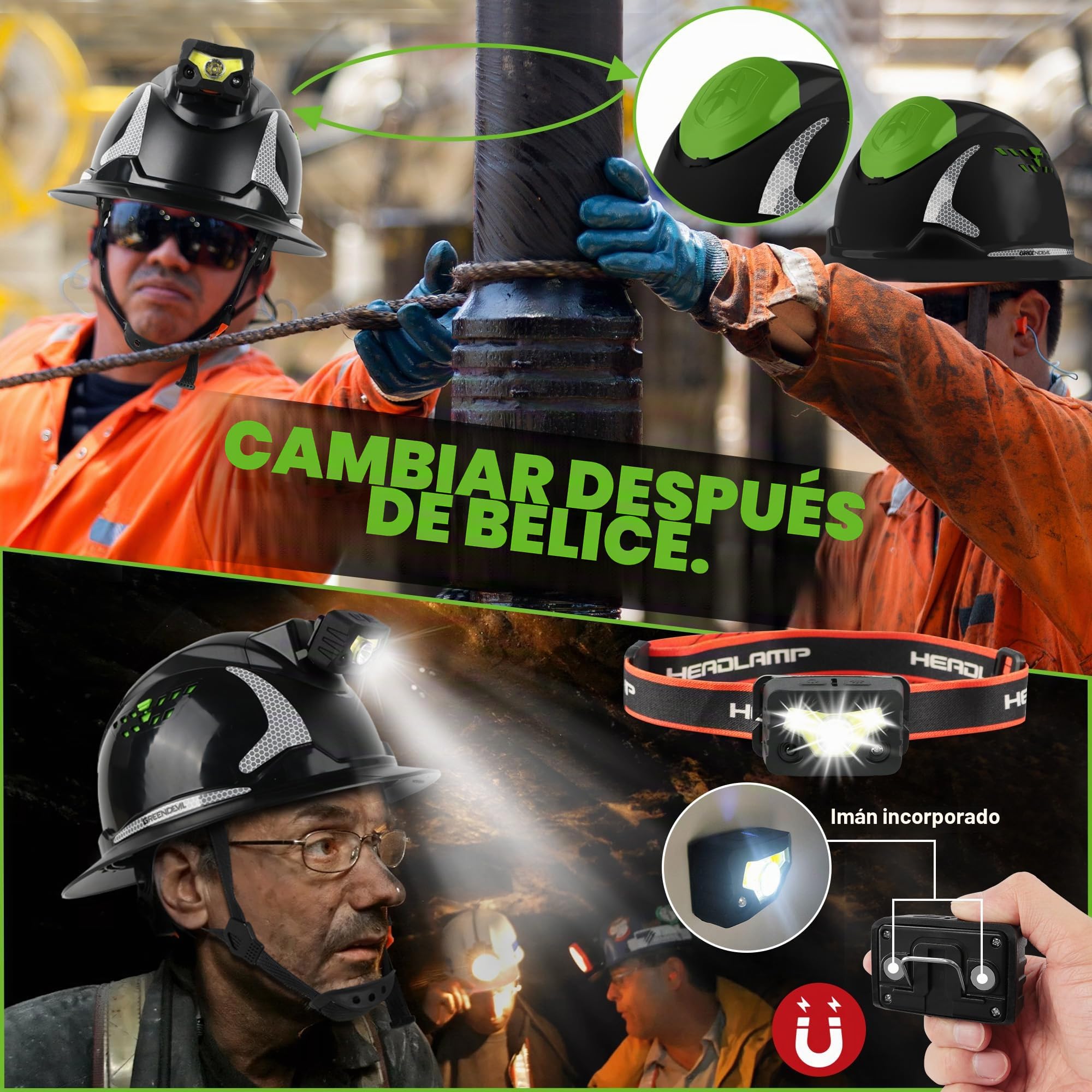 GREEN DEVIL Matrix Full Brim - Casco de seguridad EN 397 – Casco de protección con ventilación, linterna LED (IPX5), sistema de 6 puntos y forro interior ajustable – Ideal para construcción,