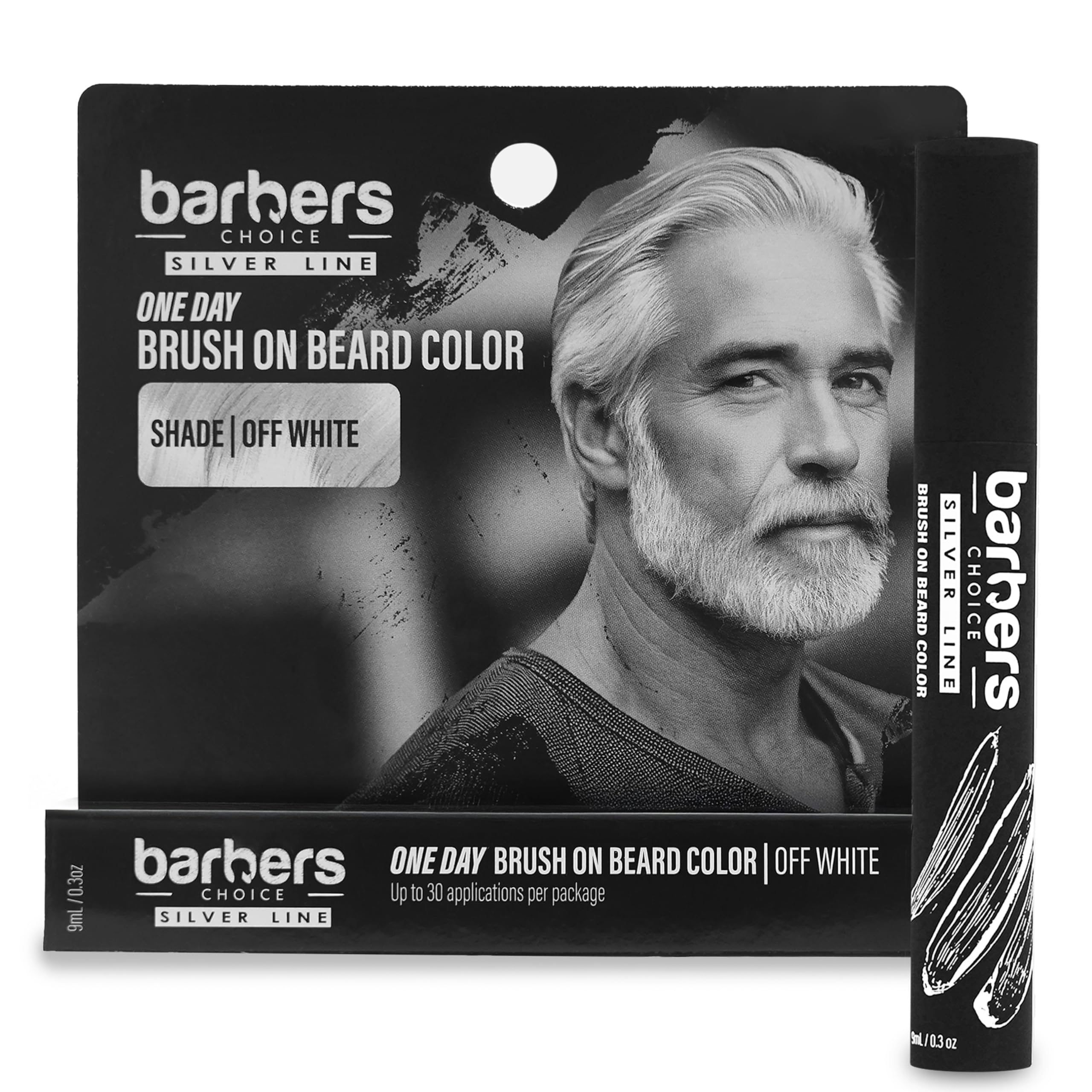 Barbers Choice Silver Line, Facial Hair Brush on Temporary Color for Silver Fox Men- Instantly Brighten White Beards, Mustache & Sideburns, Less Yellow, Easy Application, Off-White