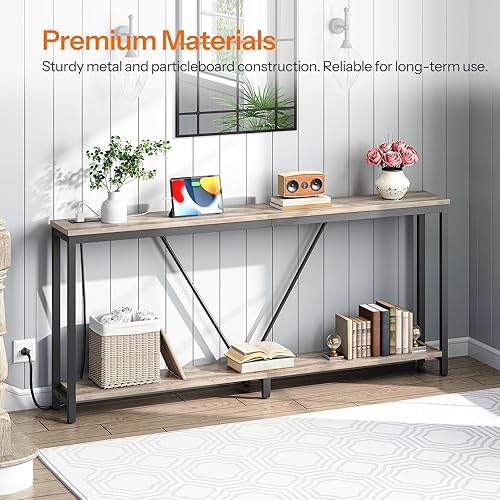 Miniatura 4 de HOOBRO Mesa consola de sofá extra larga de 70.9 pulgadas con estación de carga, mesa de sofá de 2 niveles con soporte en V, para entrada estrecha,