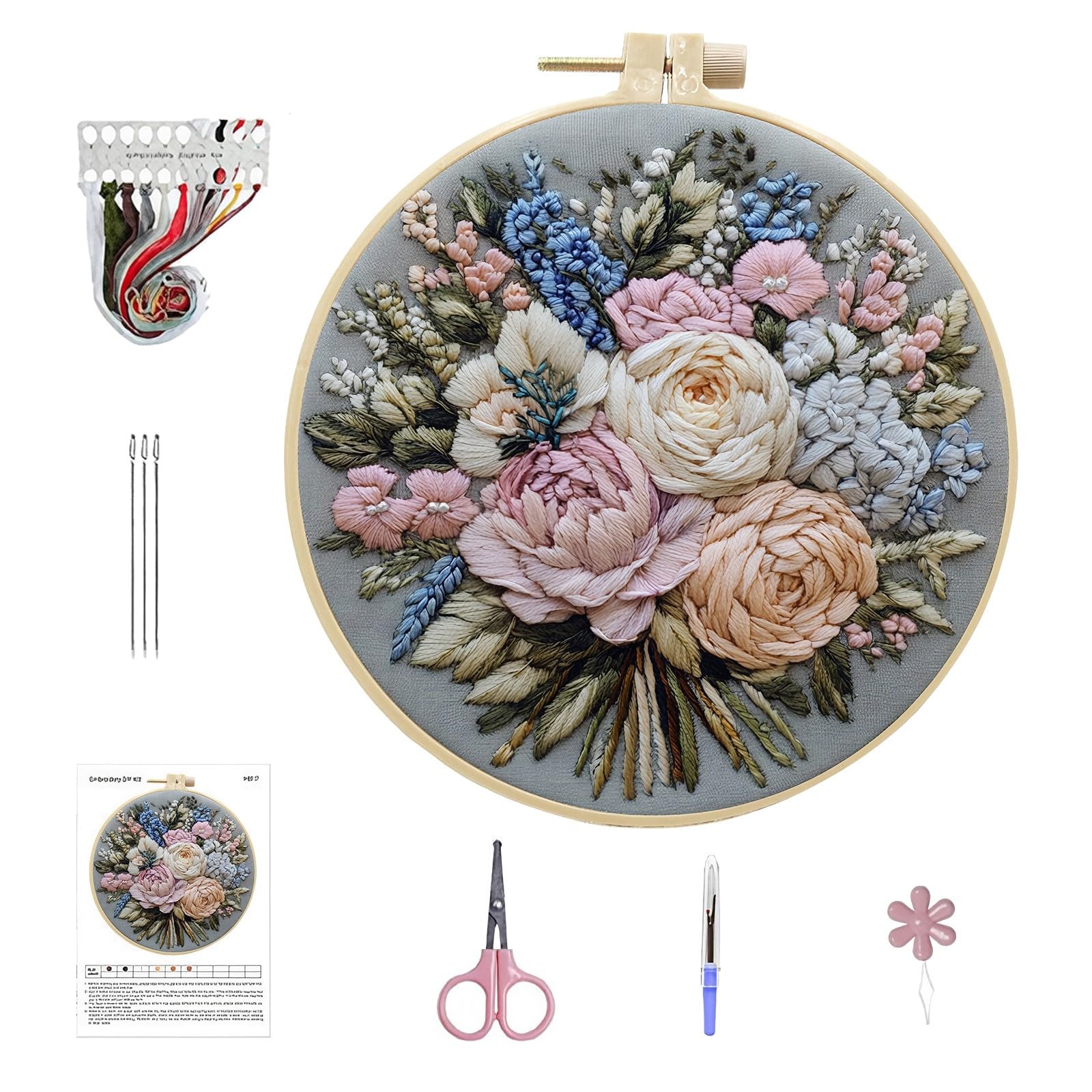 Lebartm Embroidery Kit for Beginners Cross Stitch Kits Needlepoint Set Colorful Flowers Patterns Embroidery Thread Kit for Craft Lover Hand Stitch with Hoop Threads Fabric-Bouquet04