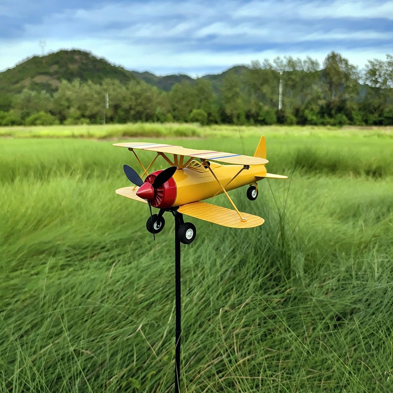 Airplane Garden Windmill - Elevates Outdoor Rural Landscaping Esthetics, Aerodynamic Metal Plane Weathervane Spinner, 28x21x13cm Fuselage Size Dimensions + 83cm Heavy Stake Pole, Rust Proof Co