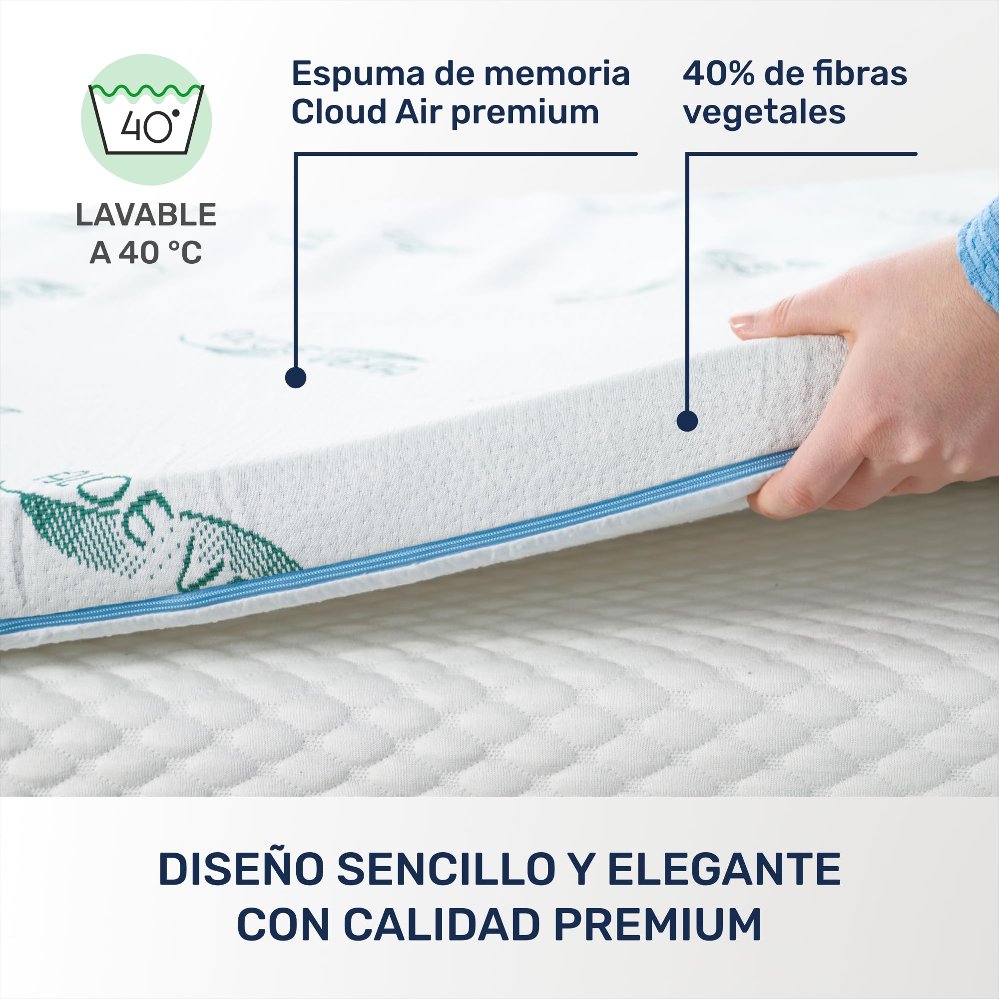 Dailydream Topper Viscoelástico 160x200 cm, Memory Foam, 5 cm de Alto | Edición Aloe Vera, sobrecolchón viscoelástico con funda suave al tacto, base antideslizante y correas elásticas.