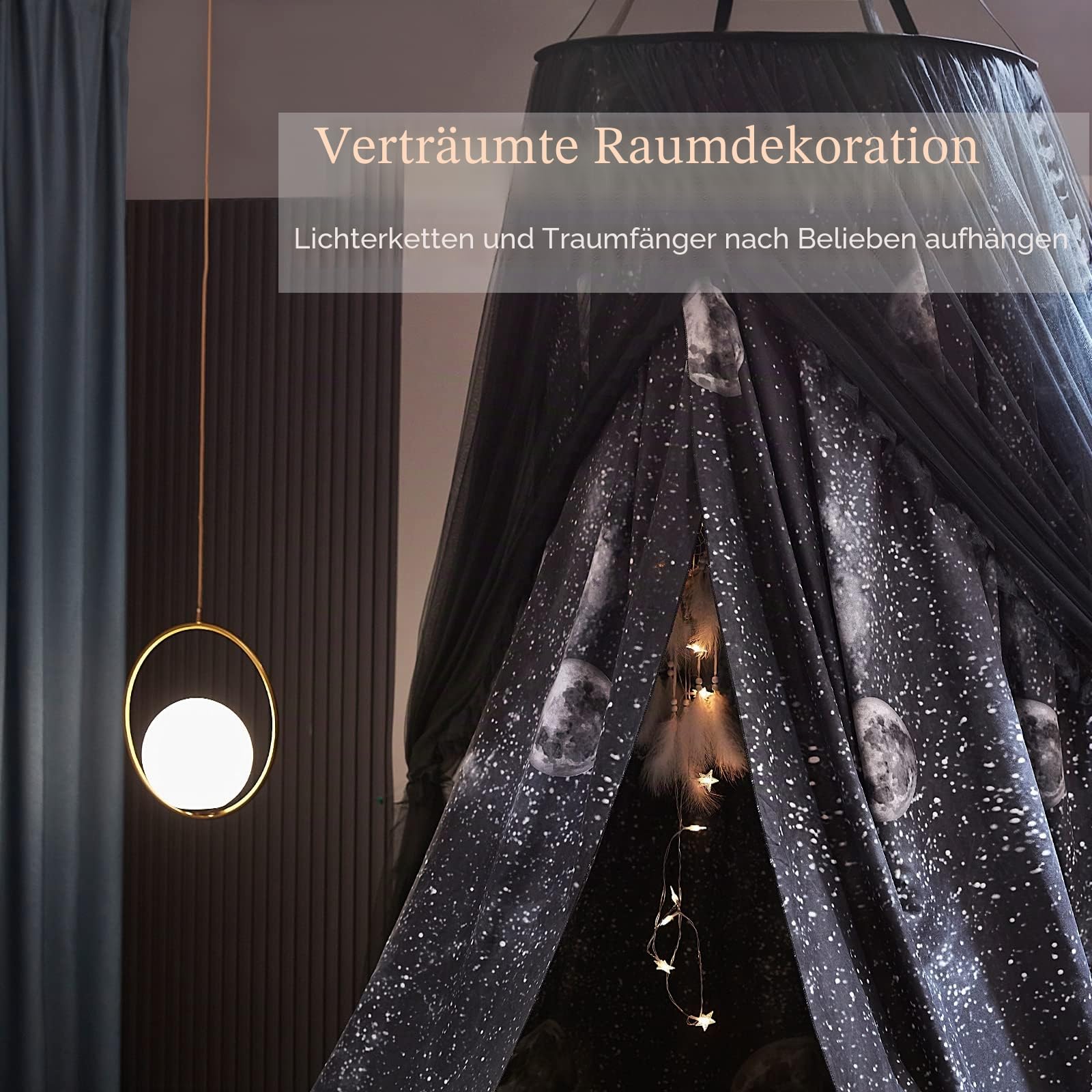 Kertnic Wunderschöner Betthimmel mit Monddruck, für Mädchen und Erwachsene, dekorativ, gemütlich, Bettvorhang, Baldachin, runde Kuppel, luxuriöse Spitze, Prinzessinnen-Vordächer, Moskitonetz (Druck