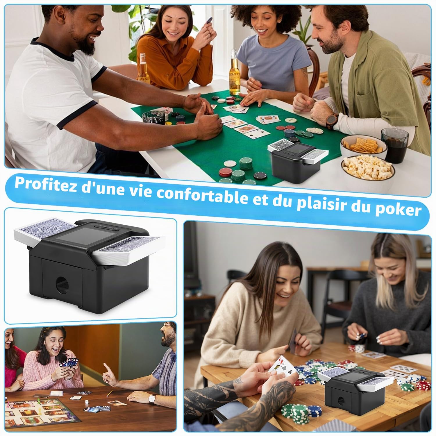 Mélangeur de cartes automatique silencieux et rechargeable pour 2 jeux de cartes 2000 mAh, pour UNO, poker, Texas Hold'em noir