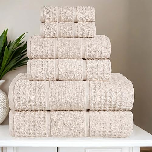 Superior Cotton 6-Piece Towel Set, Zero Twist, Waffle Border, Bathroom Essentials, Shower, Spa, Luxury Plush Soft Absorbent Towels, Includes 2 Bath, 2 Hand, 2 Washcloth/Face Towels, Ivory - Ivory - 6 Piece Towel Set