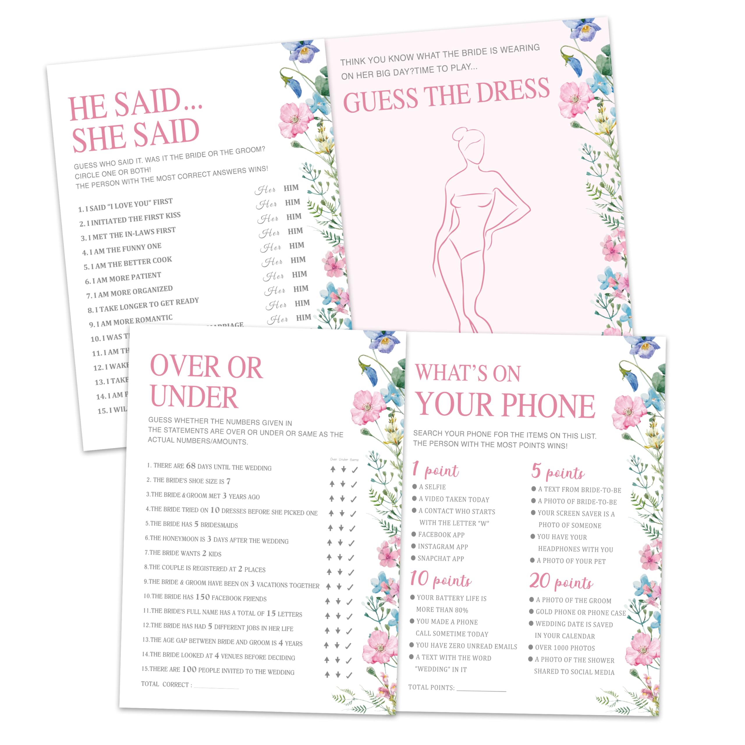 Juego de juegos de despedida de soltera, paquete de 50, tarjetas de juegos florales para bodas, 4 diseños de juegos, decoración de fiesta de recién casados, suministros de juegos de fiesta de