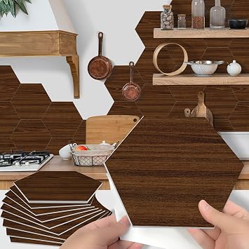 Alwayspon Thickened Hexagonal Foaming Wall Tile Stickers with Real Wood Grain, Peel and Stick Nonslip Vinyl Flooring Stickers for Home Decor 10Pcs, T01