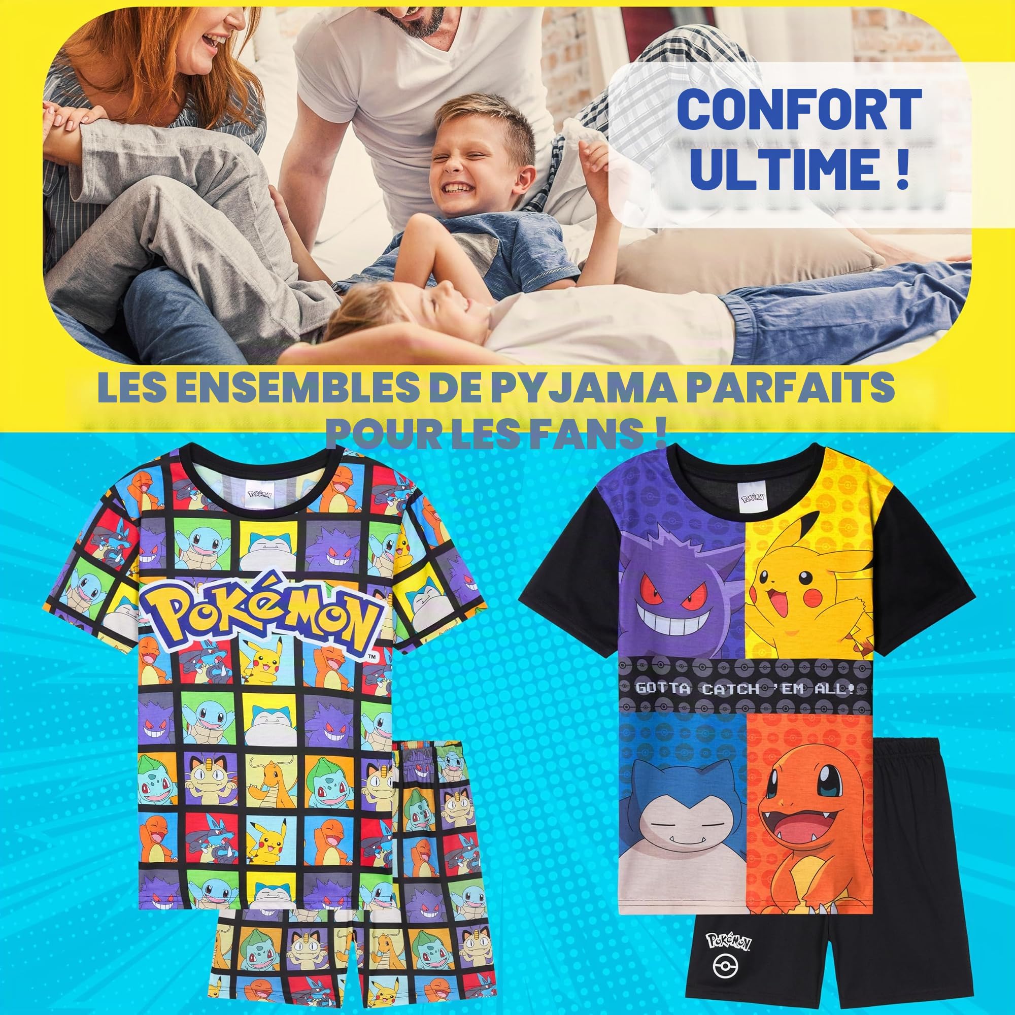 Pokemon Pyjama Enfant Garcon Été, Pyjama Court Manches Courtes, Comfy Vêtement de Nuit pour Ado, Pikachu Cadeau Garcon