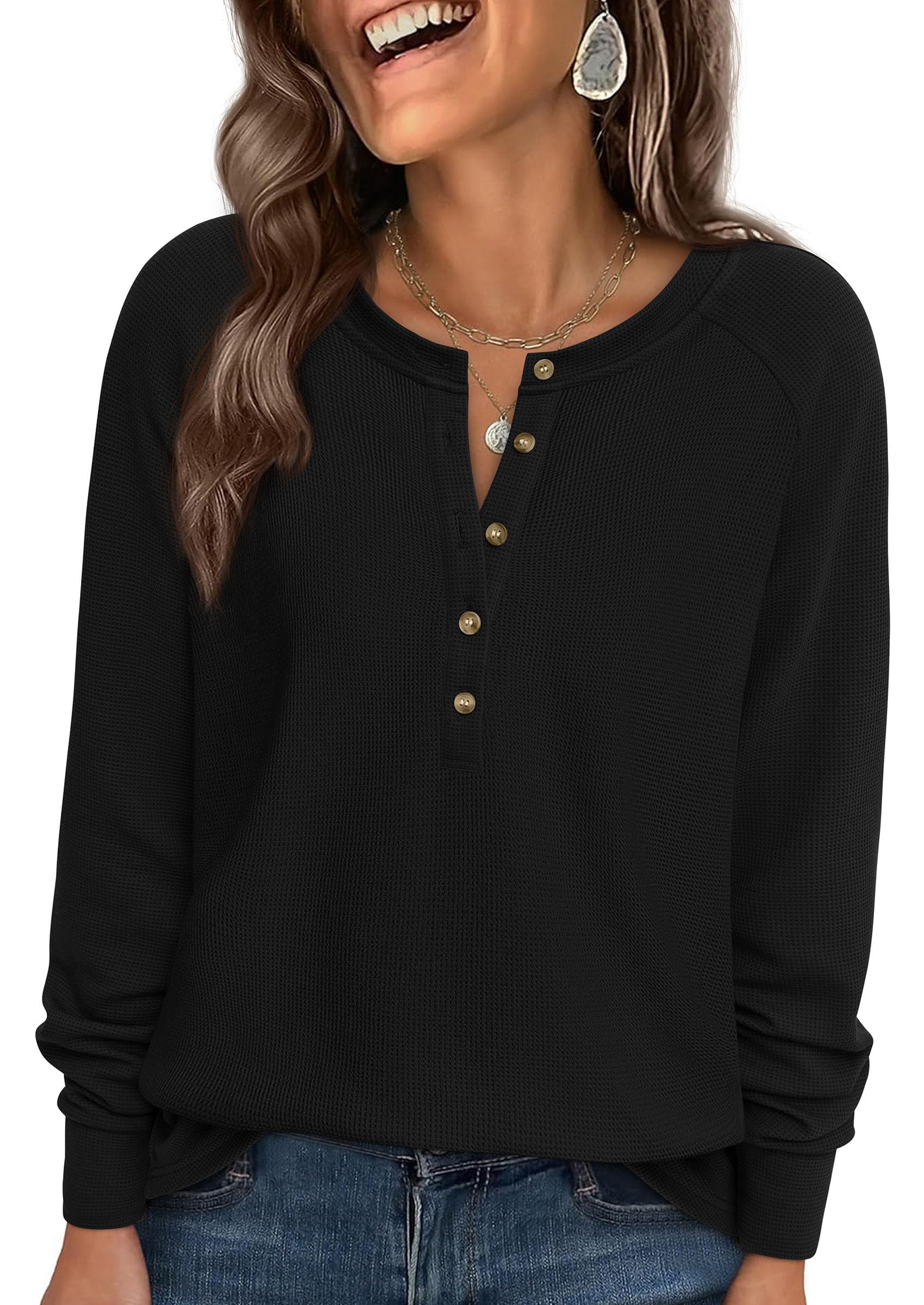 PRETTYGARDEN Women's Long Sleeve Waffle Knit Henley Shirts Loose Tunic Tops
