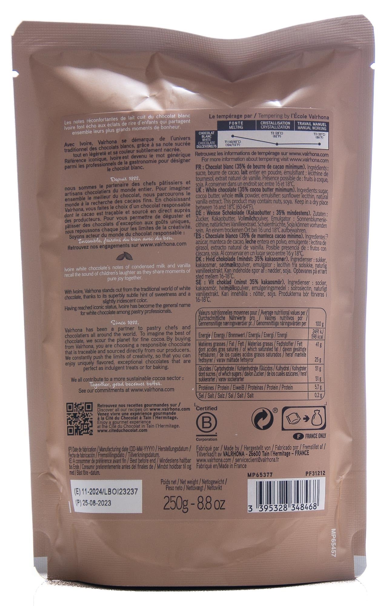 VALRHONA Gotas de chocolate blanco marfil blanco 35% 250 g
