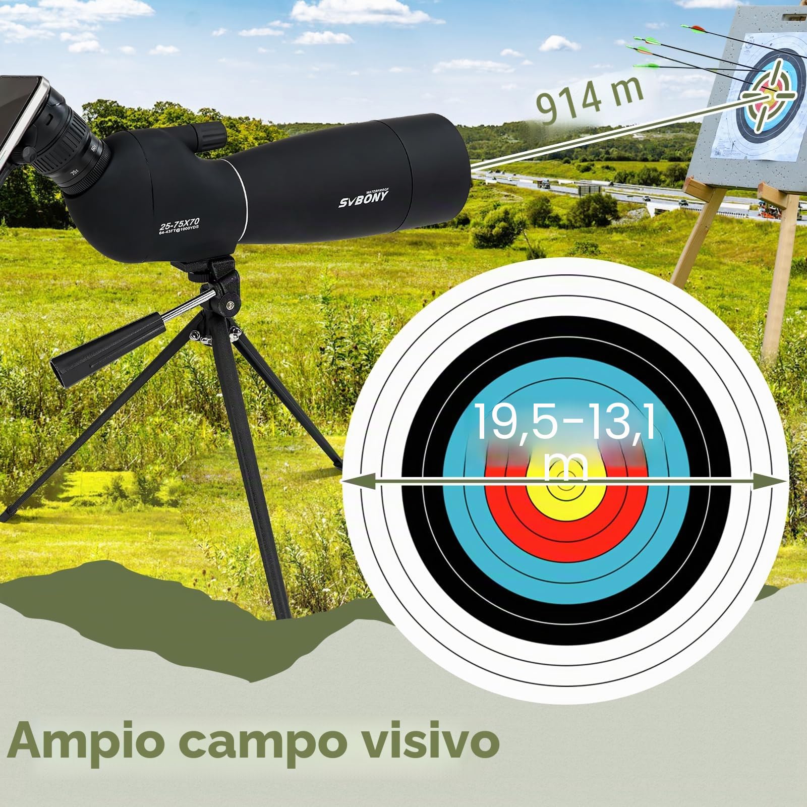 Svbony SV28PLUS Cannocchiale con Treppiedi Smartphone Adapter, 25-75x70mm con A5 Rosso Bordeaux FMC BAK4 IP65, Telescopi Spotting Scope per Adulti tiro a segno Tiro con l'arco Birdwatching