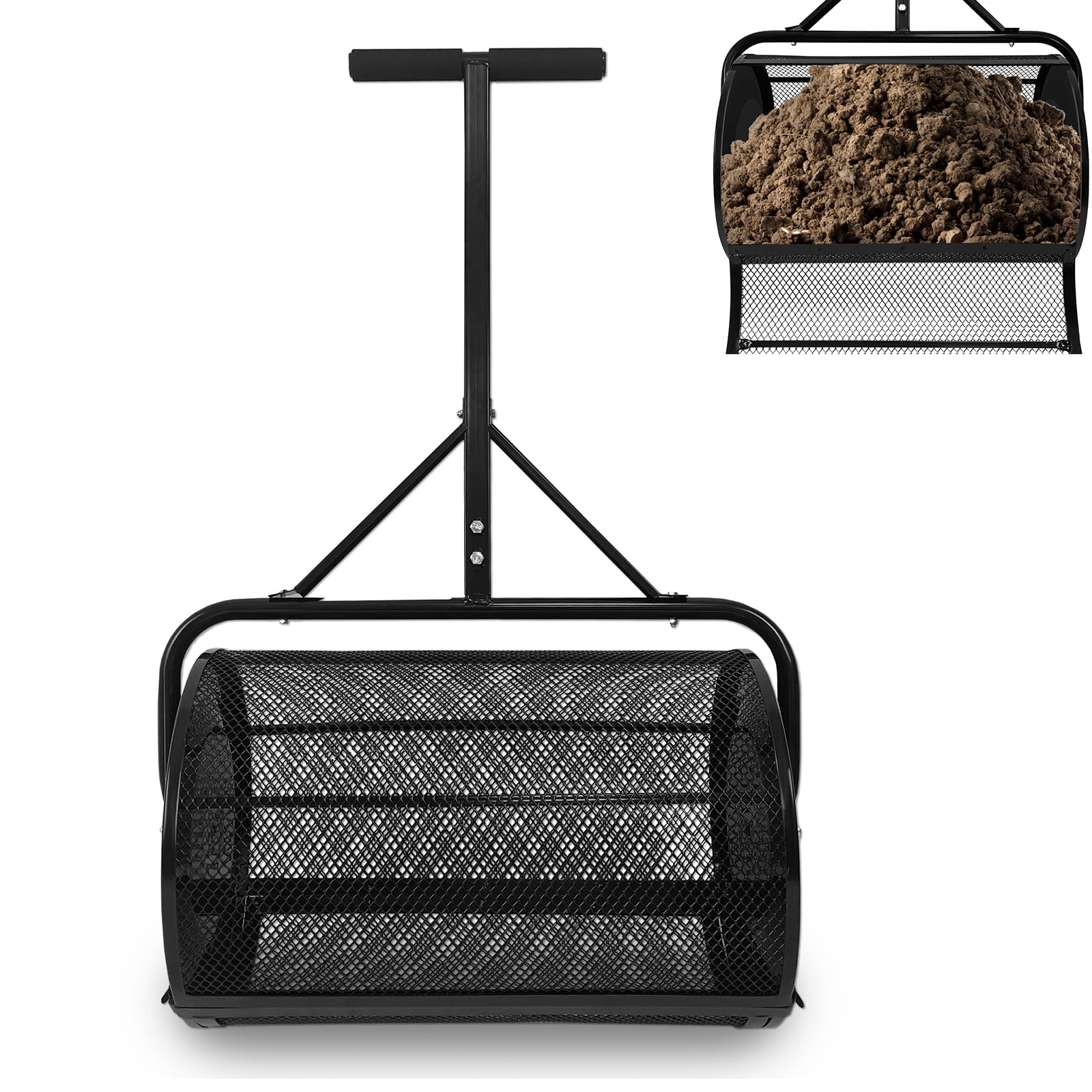 LILIIN Gartenstreuer mit T-Griff, Kompoststreuer 80L - Für Kompost, Dünger, Garten und Rasen - 40 x 65 x 110 cm, Schwarz