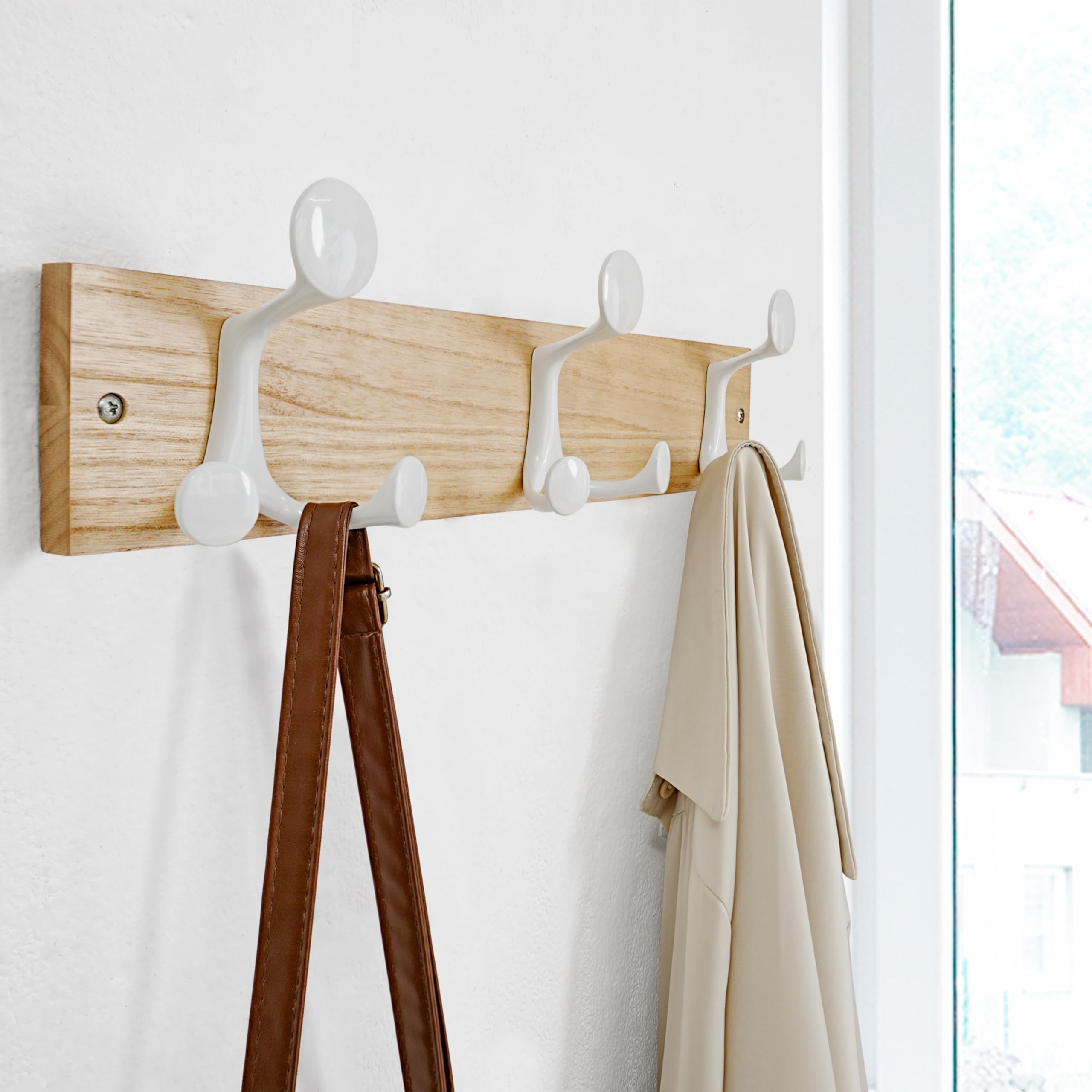 SKOLOO 43cm Natural Wood Coat Rack Wall Mount with 3 Triple Hooks, Ideal for Family Entrances Classrooms - Image 3