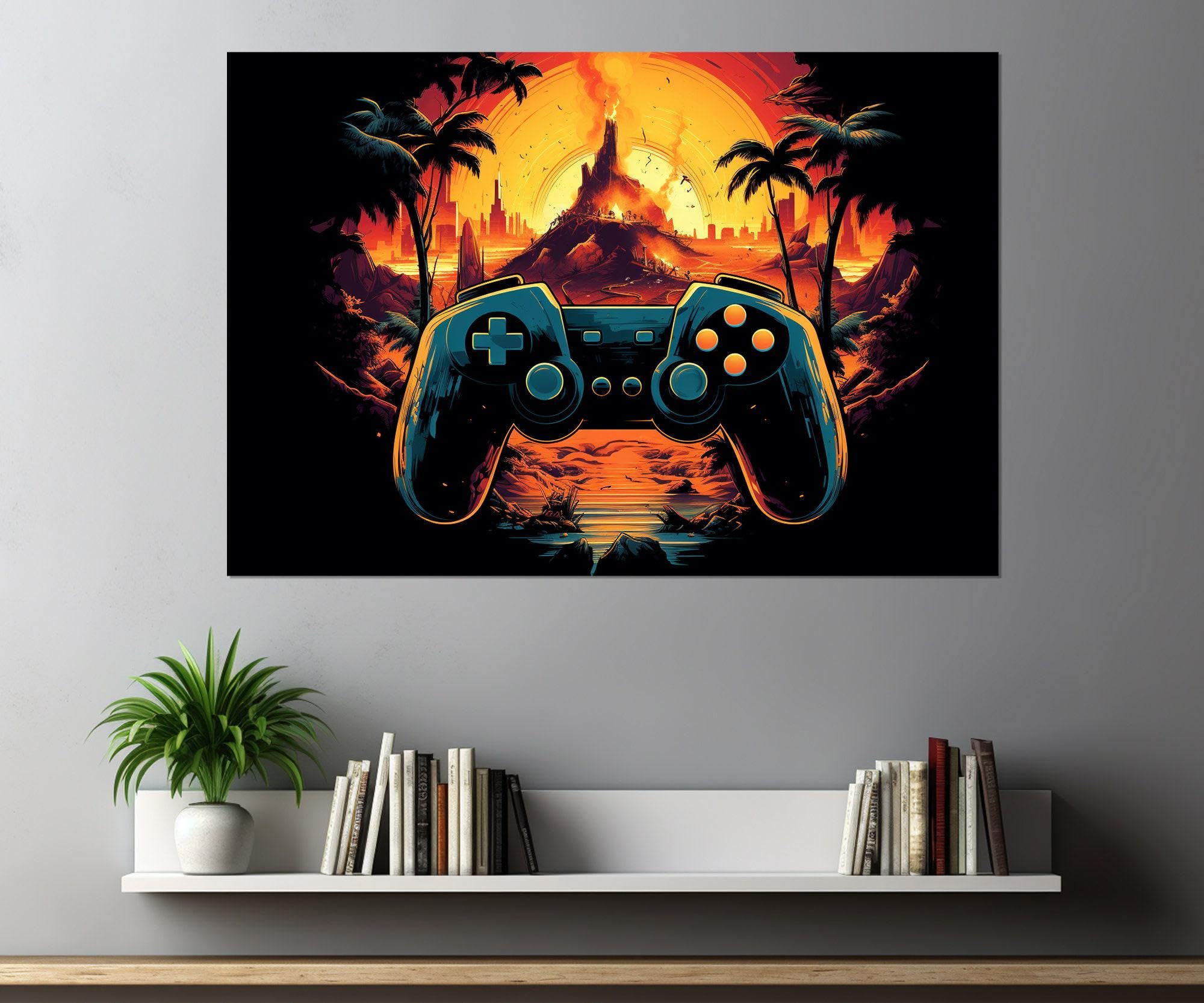 Pintura al óleo abstracta de gamepad, lienzo de videojuegos para pared, decoración para habitación de gamers adolescentes, pósteres e impresiones minimalistas de gamers (60 x 90 cm/marco interior)