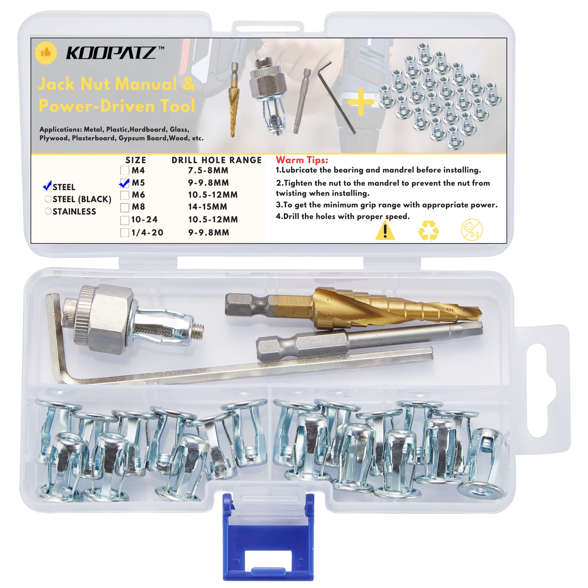 M5 Jack Nut with Installation Tool Kit Threaded Insert Petal Nuts Nutserts Jacknut Srew Anchor Spider Rivnut Blind for Plastic Polywood Pressboard