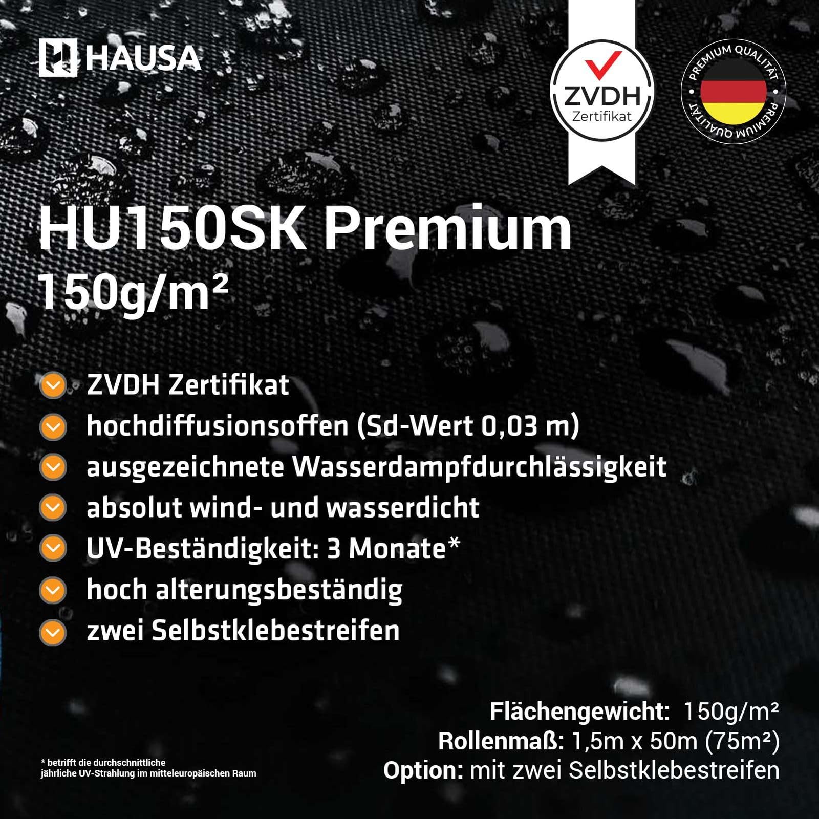 HAUSA Unterspannbahn Premium HU150 150g/m² schwarz 37,5m² (1,5m x 25m) Klasse UDB/USB schlagregensicher diffusionsoffen UV-beständig