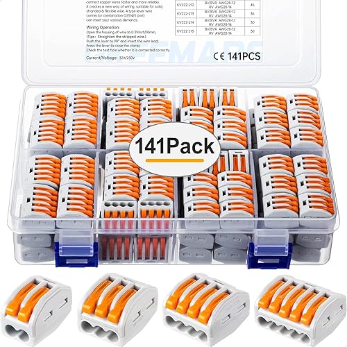 GKEEMARS 141 conectores de cable de palanca, conector conductor de empalme compacto para cables flexibles de cuerda sólida 28-12 AWG (naranja)