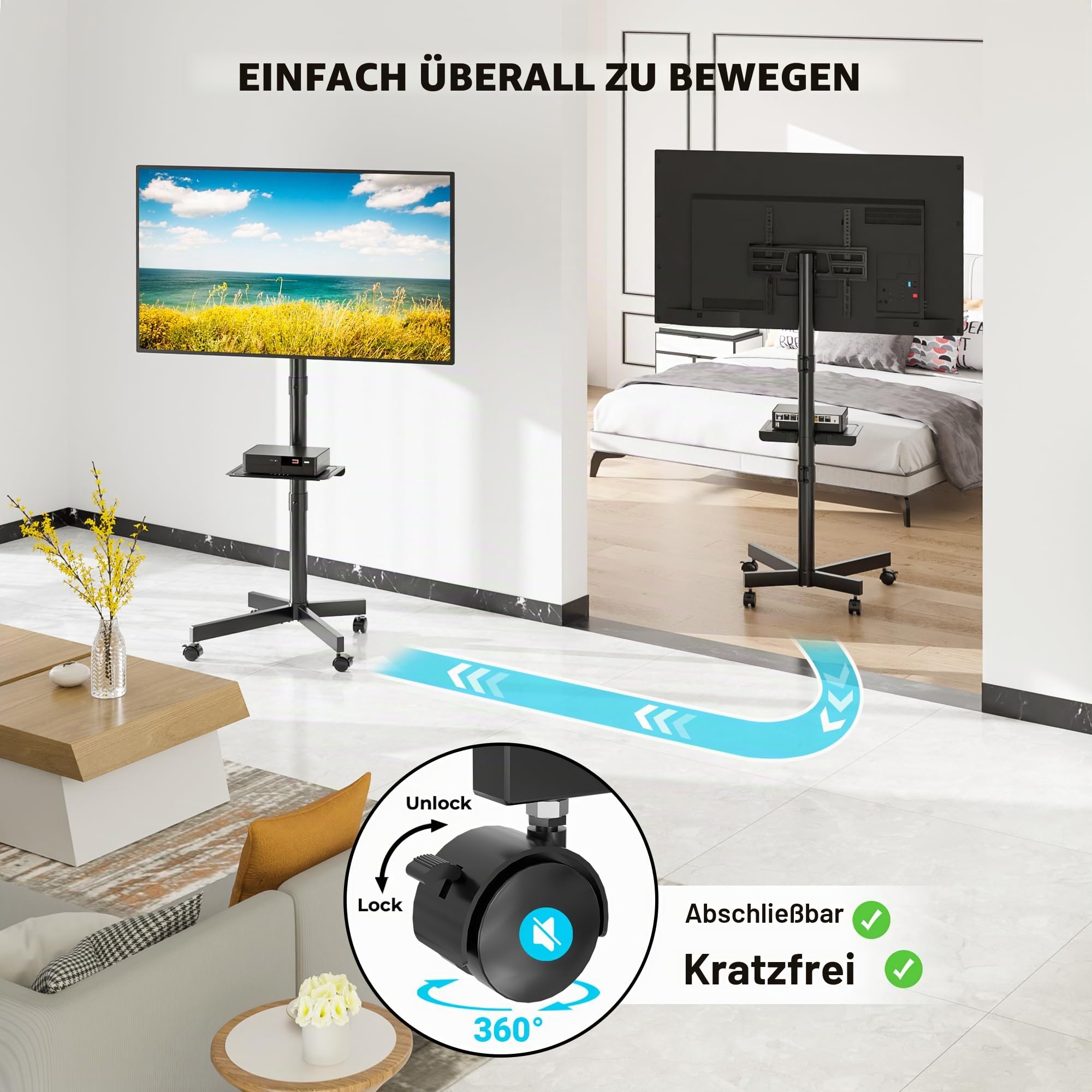 BONTEC TV Ständer Rollbar für 24-60 Zoll LCD LED OLED, Max. VESA 400x400mm, bis 40 kg, Neigbar und Höhenverstellbarer Fernsehständer mit Rollen und Medienablage, Schwarz