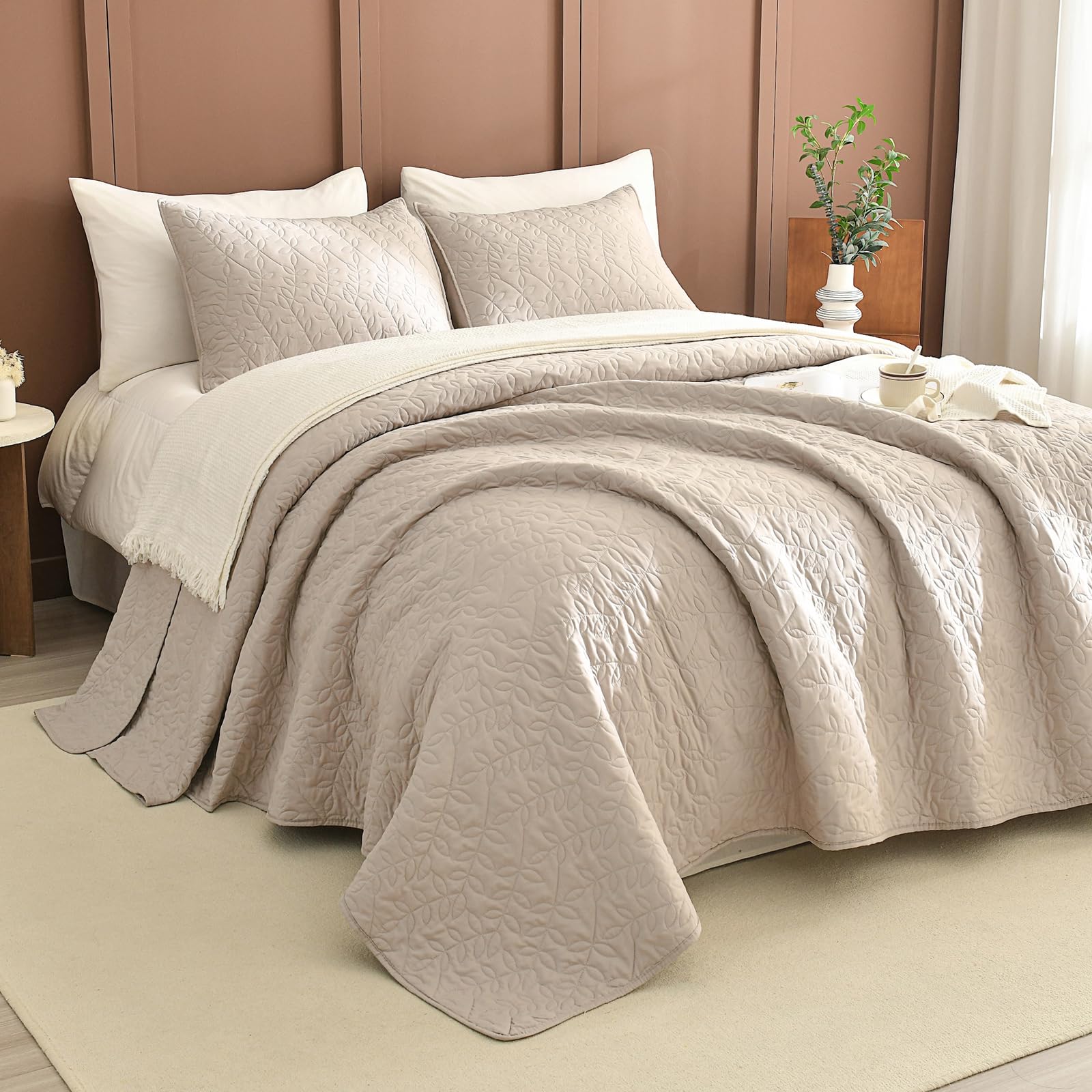 Photo 1 of Sanracie Oversized Queen Quilt Bedspread 102"*118", 100% Cotton Quilt Bedding Set 3pcs Linen Colored Extra Large Wide Coverlet Queen Size Lightweight Soft and Cozy Cloud Bed Quilts for All Season