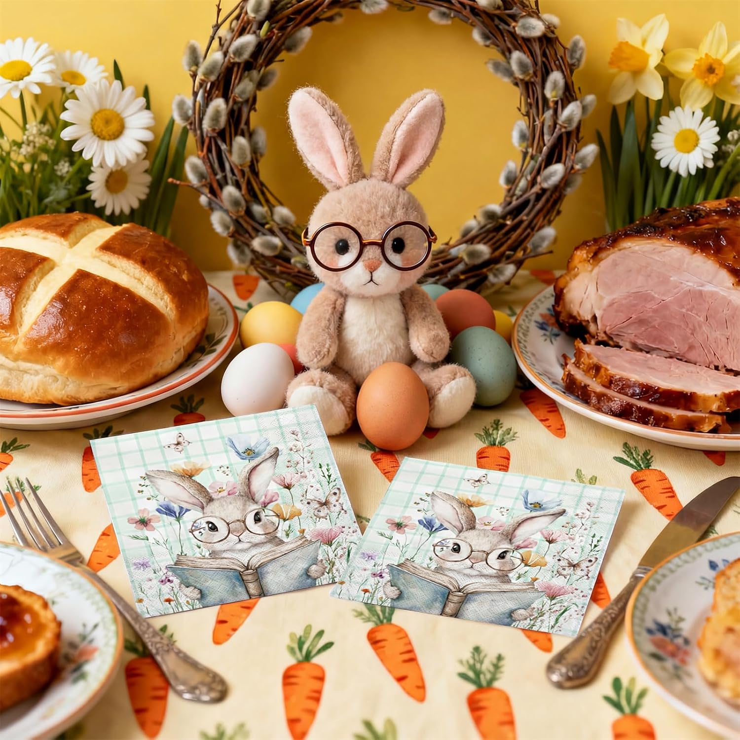 LeZakaa 50Pcs Easter Bunny Paper Napkins, 3-Ply Cute Rabbit Reading Book Design Cocktail Beverage Napkins, Disposable Guest Hand Towels, 5 x 5 Inch Folded, Spring Garden Party Decorations