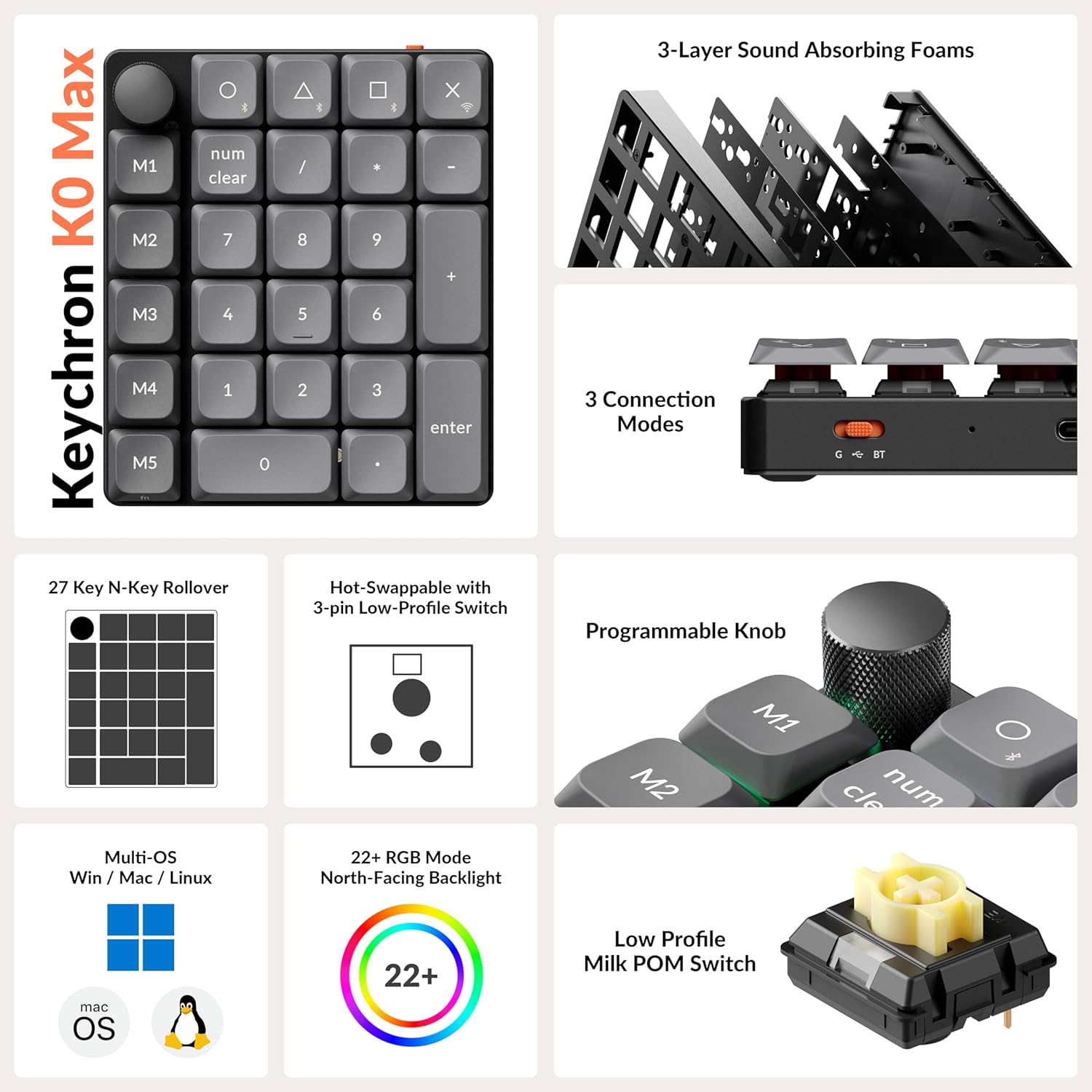 Keychron K0 Max Wireless Low-Profile Number Pad, QMK/VIA Programmable, Hot-Swappable Banana Switch, RGB Backlit, 2.4GHz & Bluetooth 5.3, 1000Hz Polling Rate, with Knob, for Windows/Mac