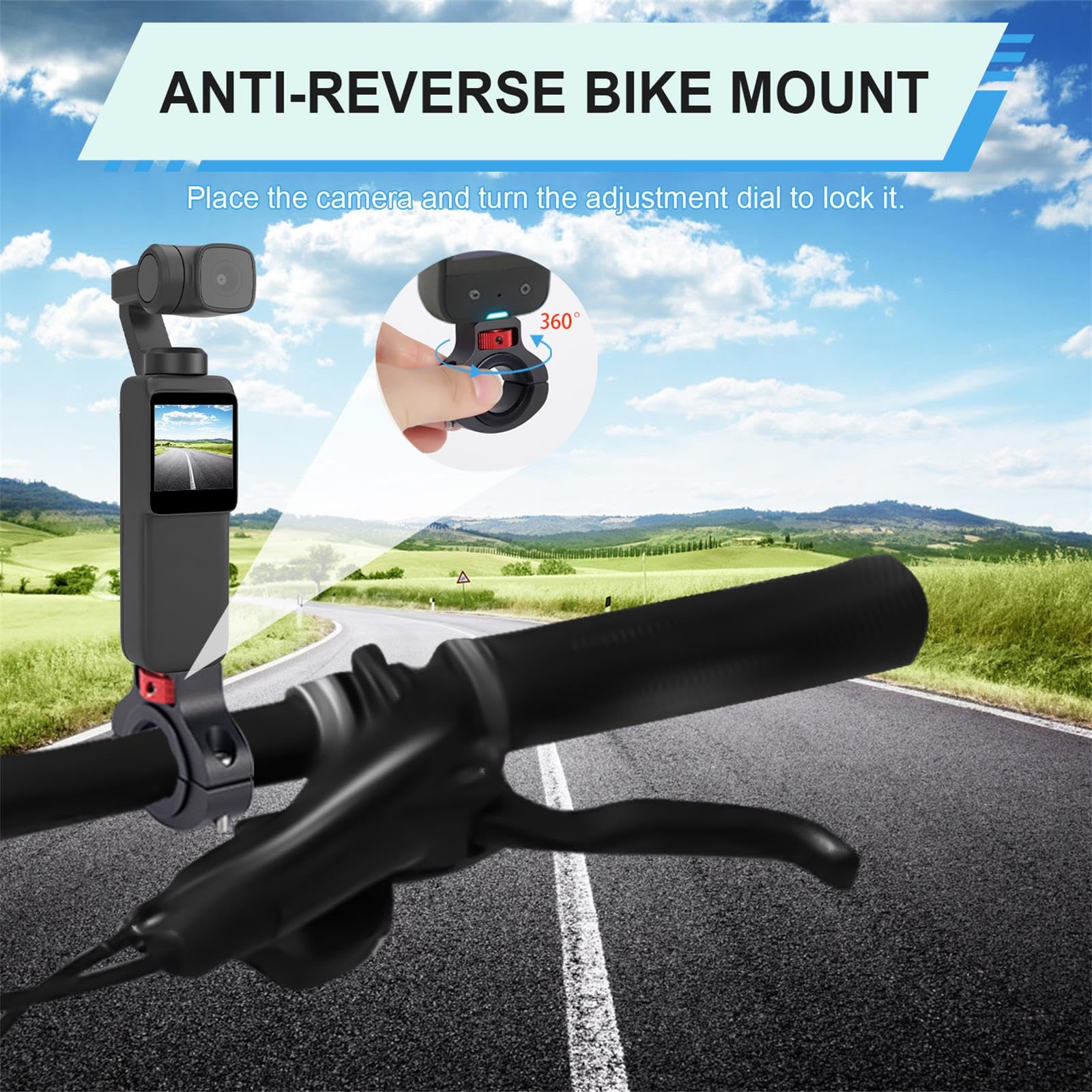 PEUTIER Support de Caméra de Moto, Aluminium Rotatif à 360 Degrés Anti-Retour Support de Pince de Vélo Support de Guidon de Moto pour GoPro Insta360 DJI Osmo et Lumière de Remplissage (22-32mm)