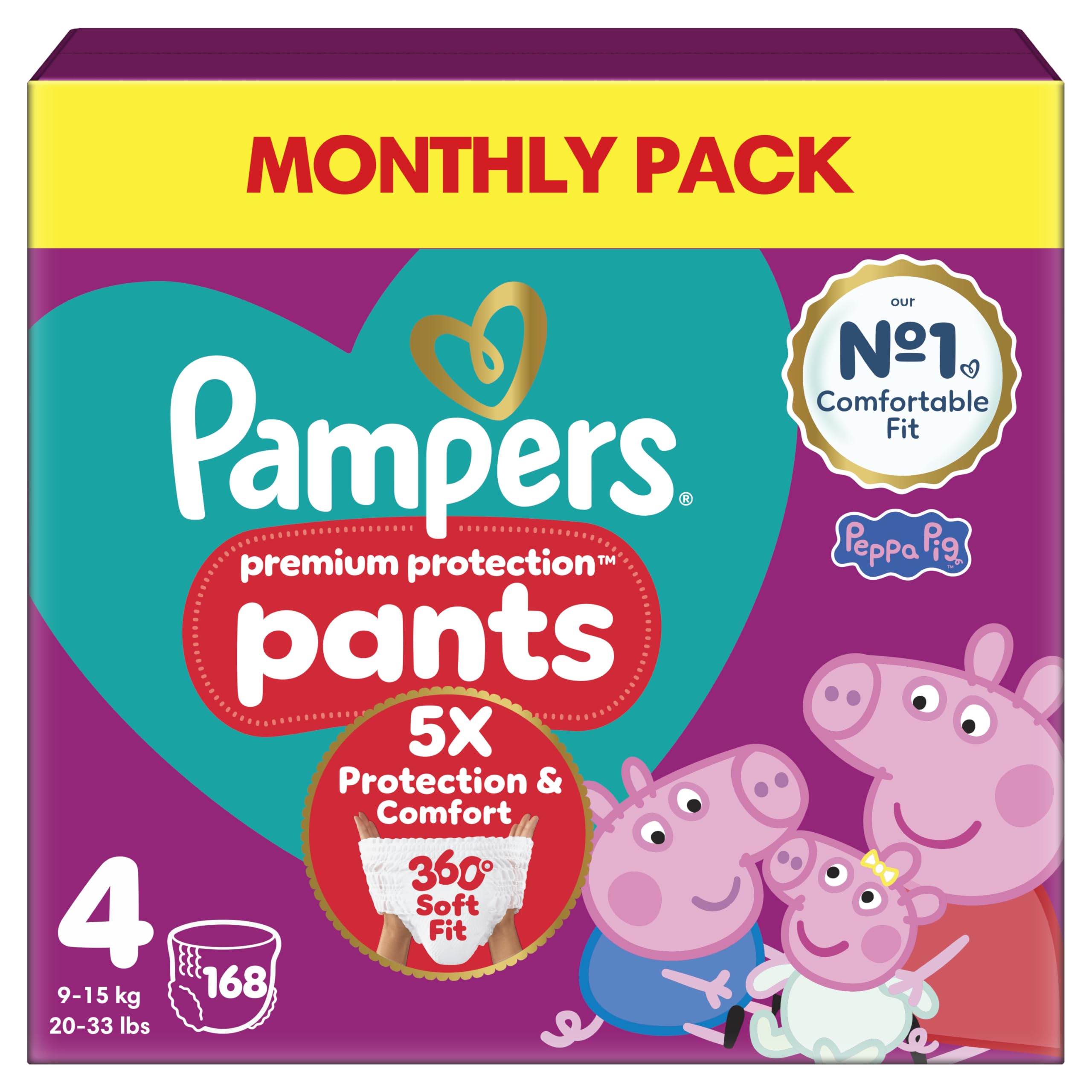Premium Protection Nappy Pants Size 4, 168 Nappies, 9Kg-15Kg, Monthly Pack + Harmonie Aqua Baby Wipes 1 Pack Of 10 Wipes Red Pampers